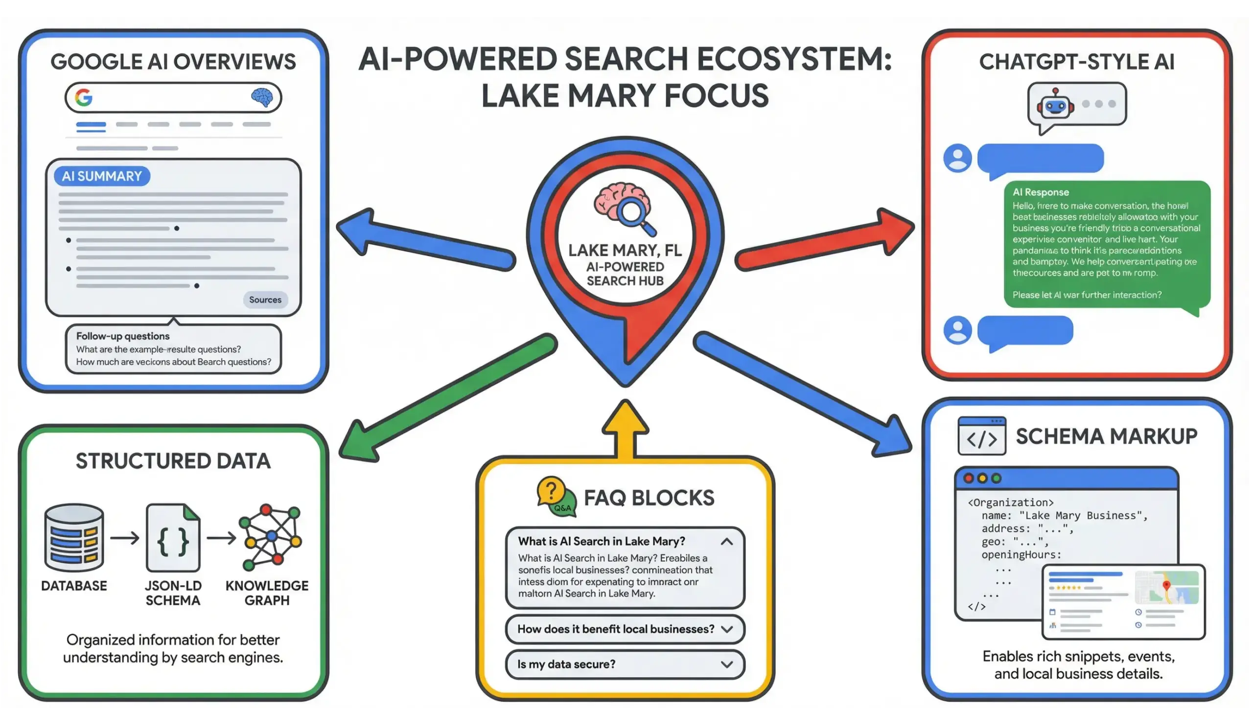 Lake Mary SEO infographic showing how businesses optimize for AI search and generative engine optimization
