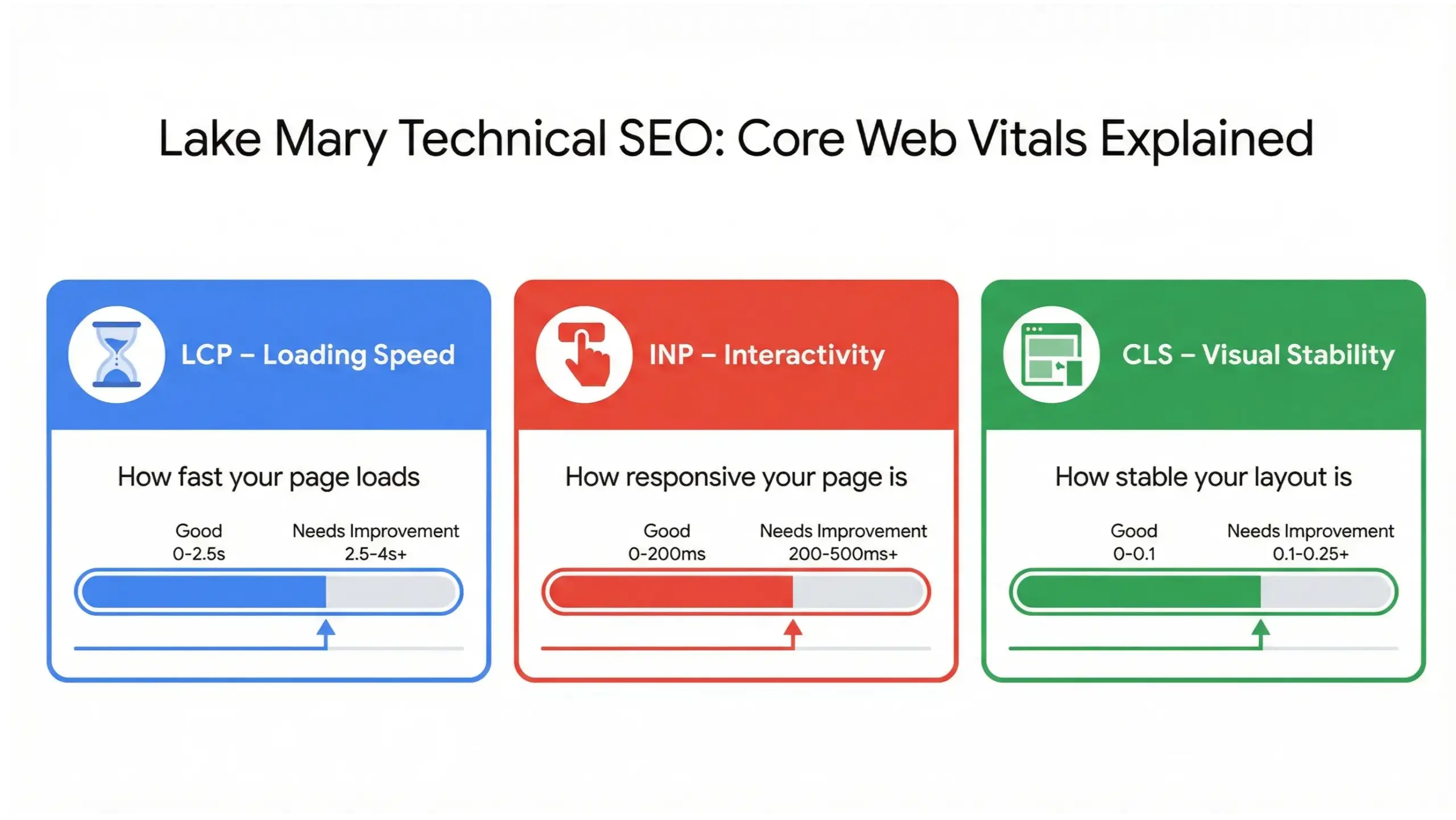 Lake Mary technical SEO Core Web Vitals infographic explaining LCP INP and CLS impact on rankings