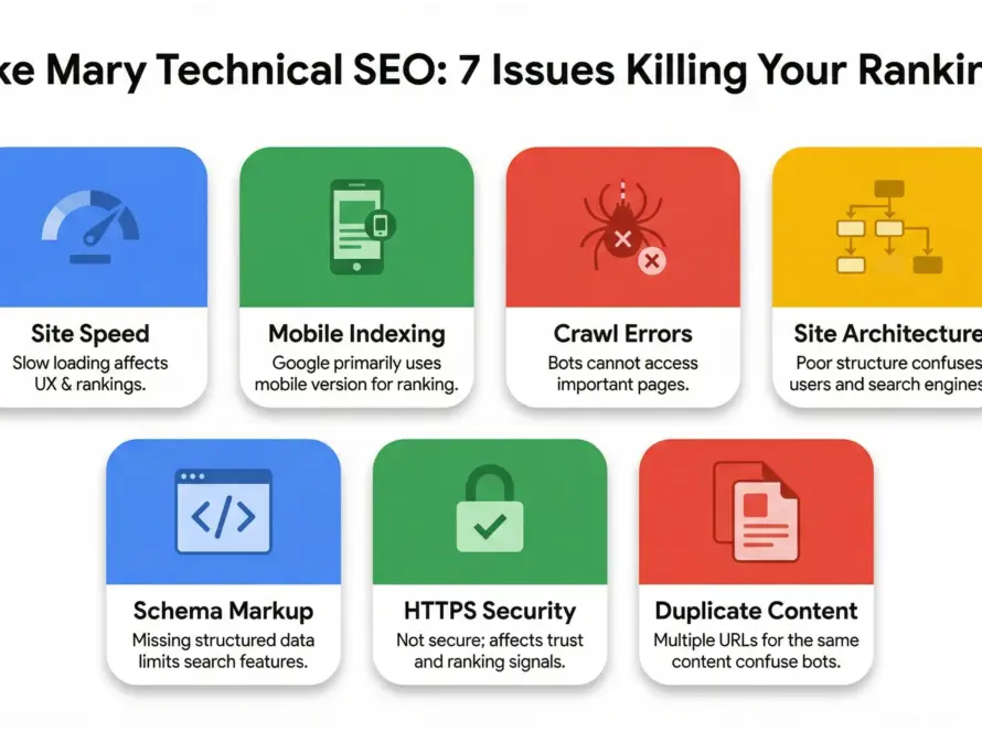 Lake Mary technical SEO infographic showing the 7 site speed and technical issues affecting rankings
