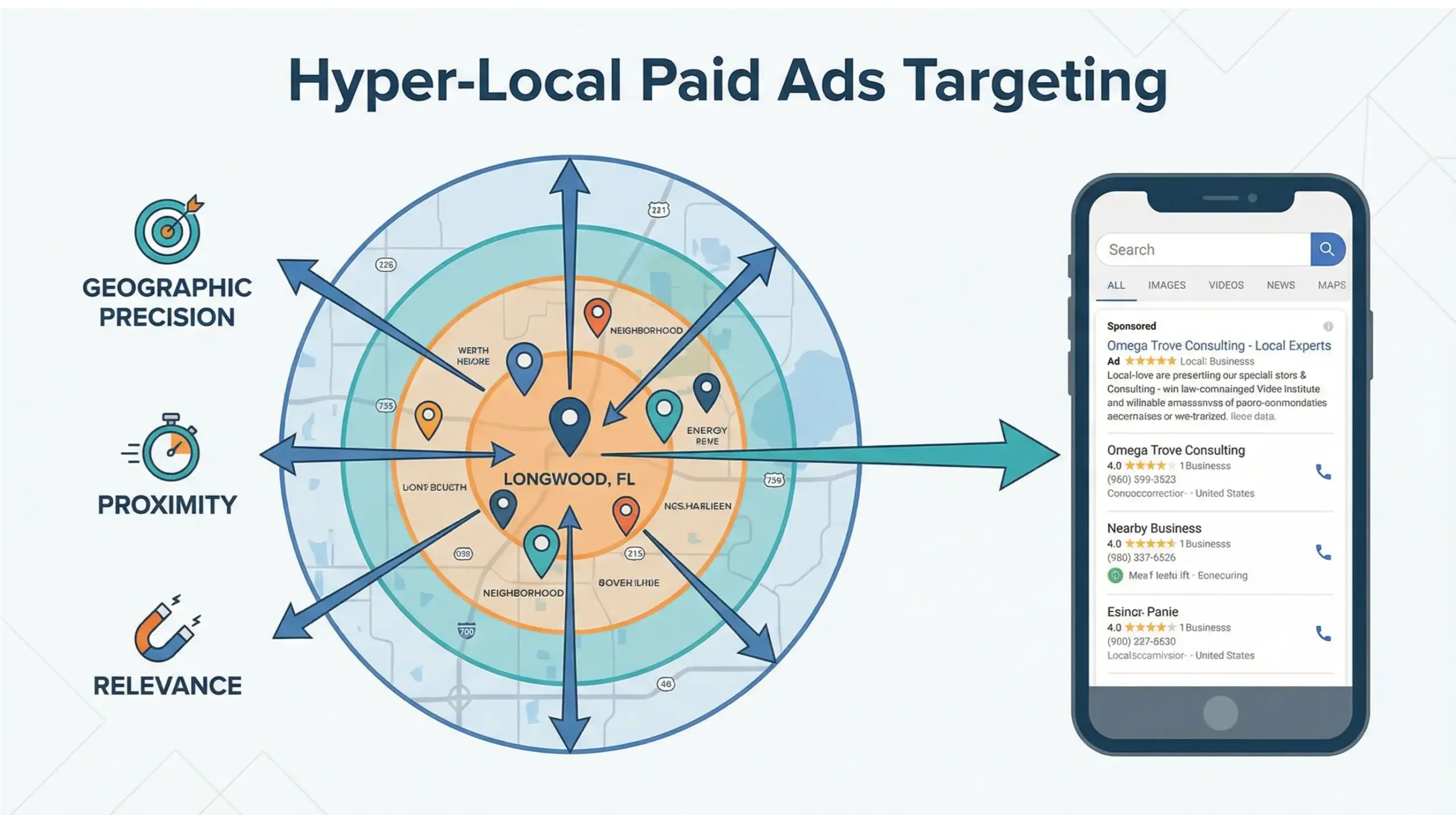 Longwood paid ads local targeting infographic showing geo-based ad reach and proximity marketing