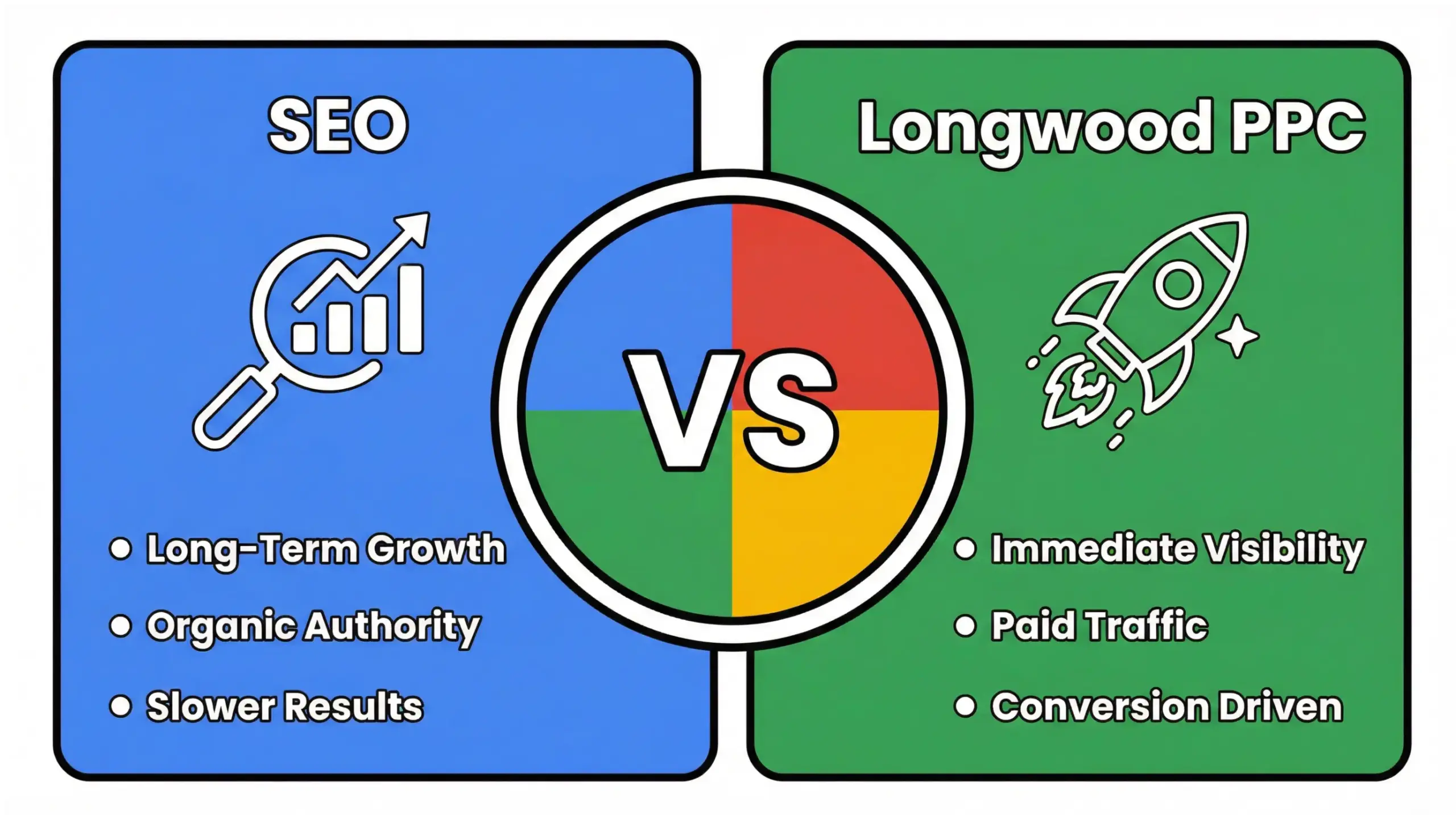 Longwood PPC vs SEO infographic comparing local paid ads and organic marketing