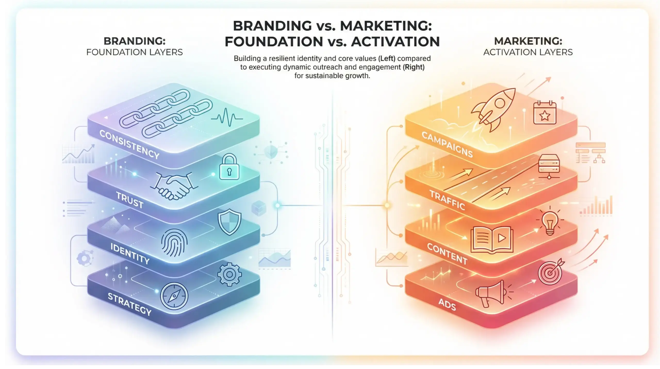 Maitland branding vs marketing infographic explaining the difference for local businesses