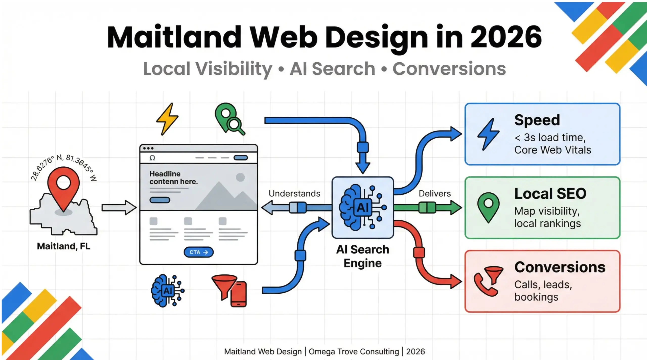 Maitland web design infographic showing how modern websites in 2026 help local businesses improve AI search visibility, local SEO rankings, and conversions