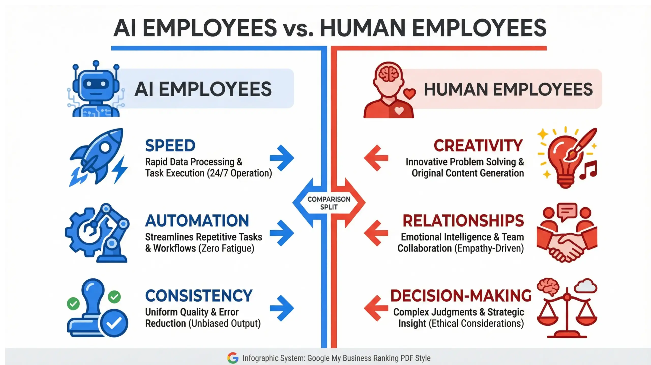 Mount Dora AI solutions infographic comparing AI employees and human employees in business