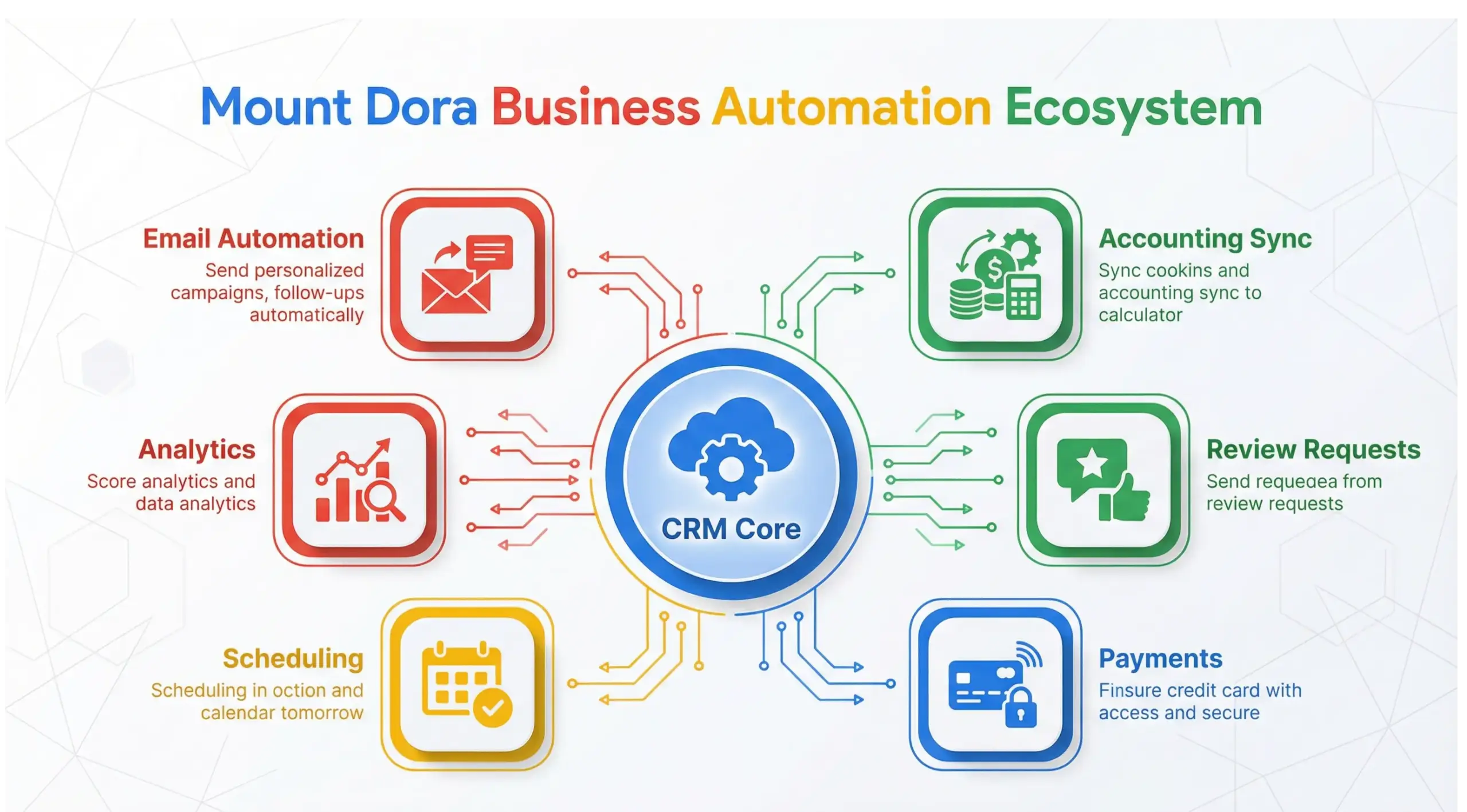 Mount Dora business automation ecosystem infographic connecting CRM, accounting, email and workflow automation tools