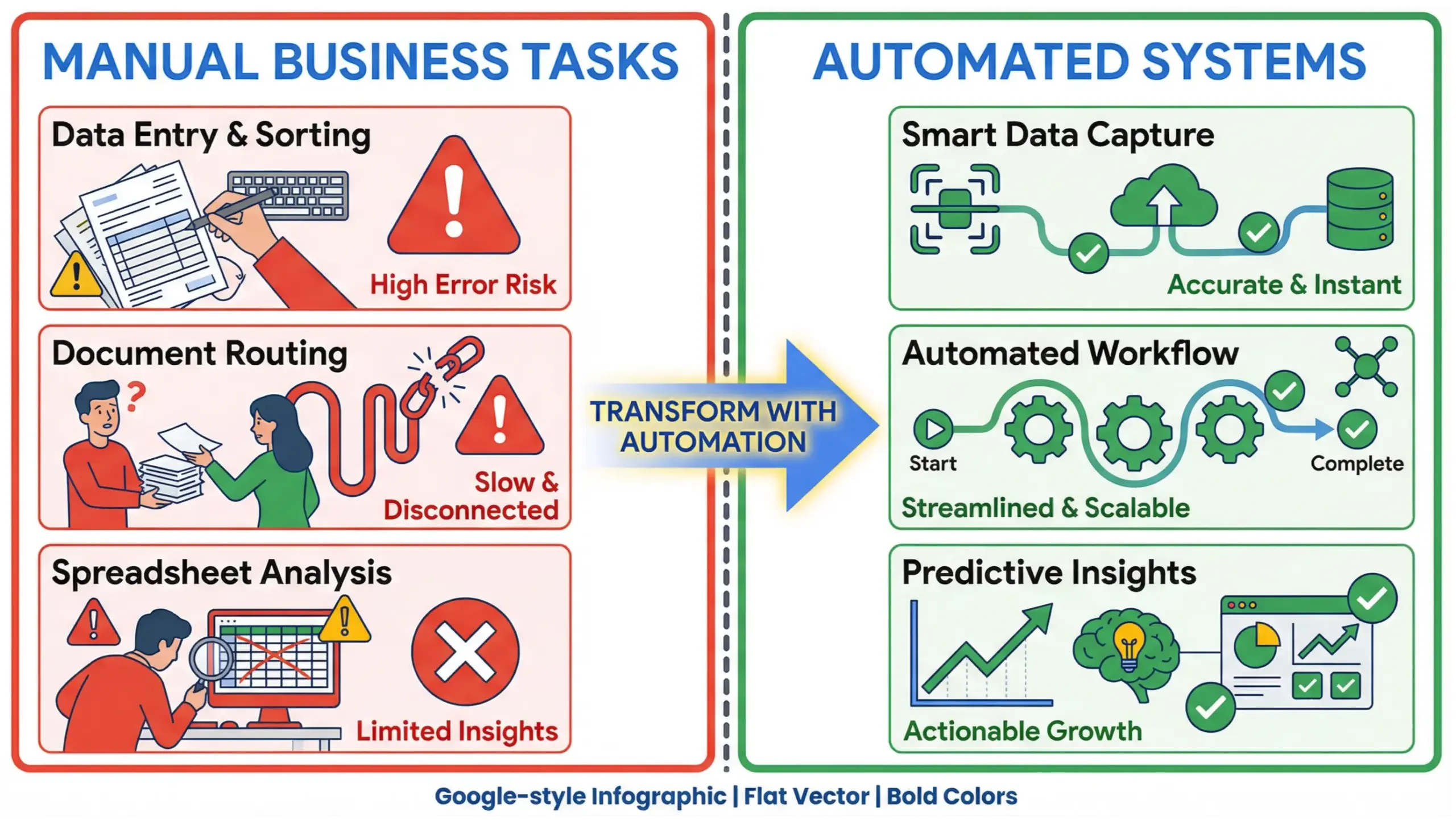 Mount Dora business automation comparison infographic showing manual work versus automated systems