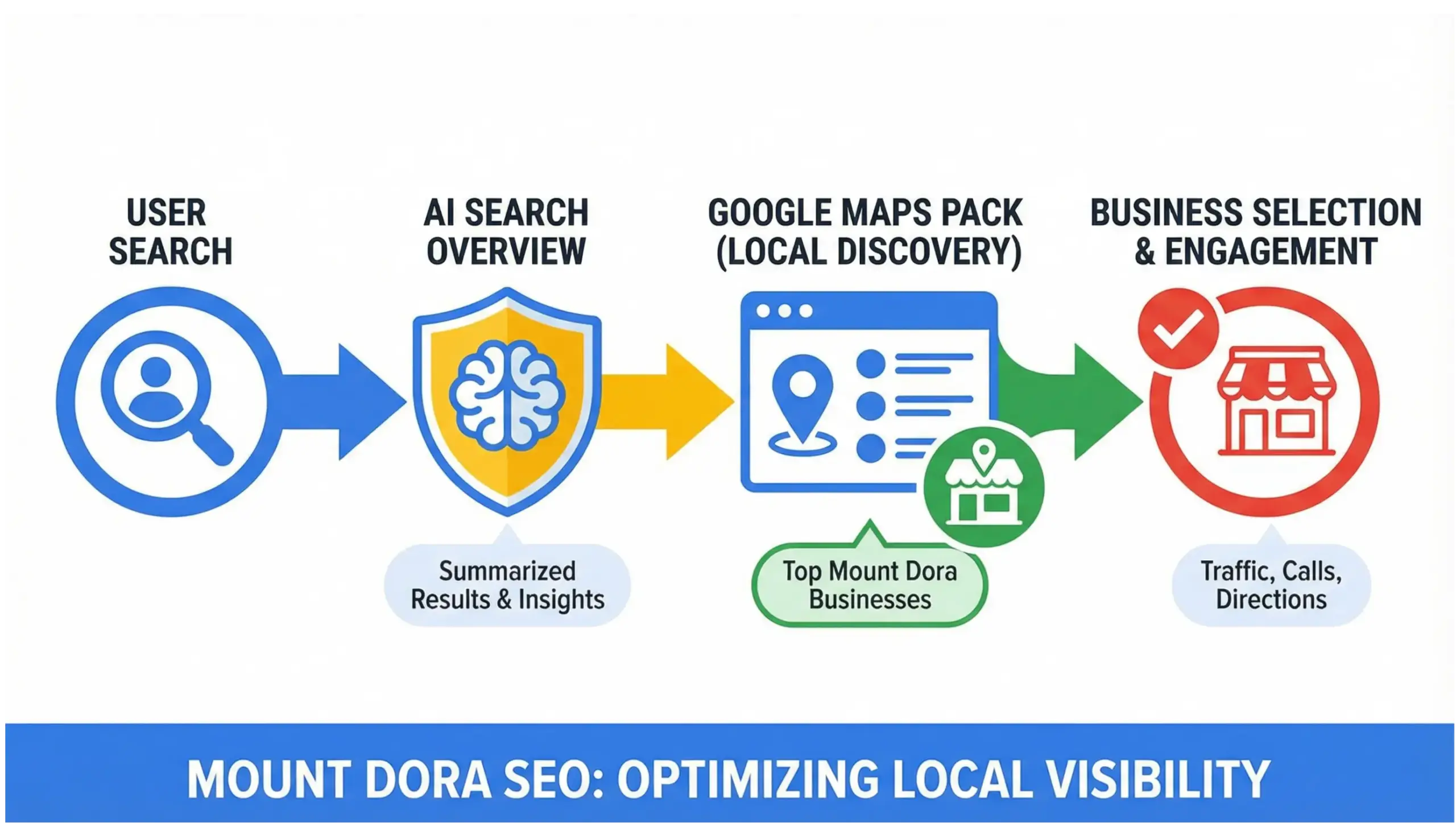  Dora SEO infographic comparing optimized vs unoptimized local businesses competing in Google Maps results