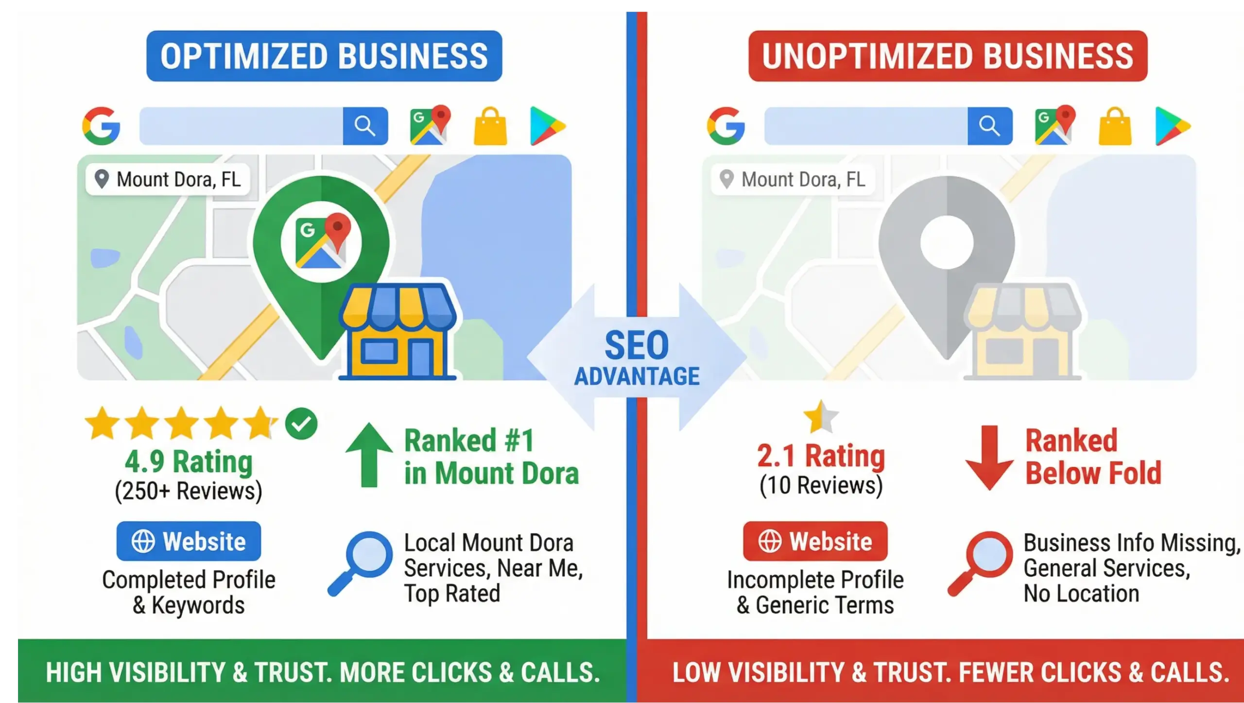 Mount Dora SEO infographic explaining how Google Maps and AI-powered search drive local business visibility