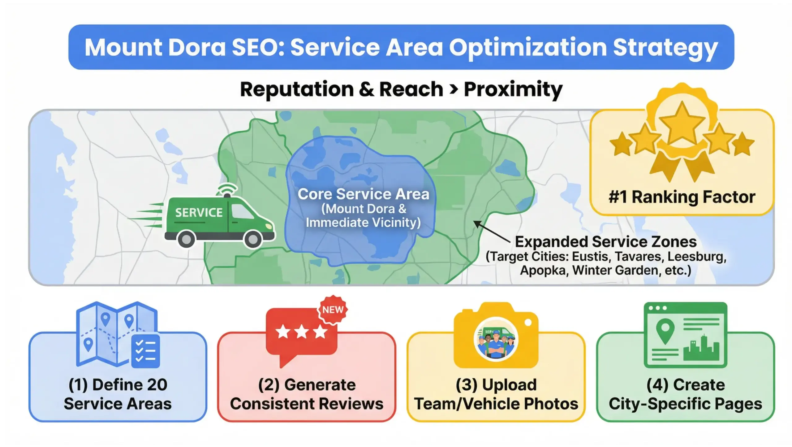 Mount Dora SEO service area business optimization infographic showing ranking strategy beyond proximity