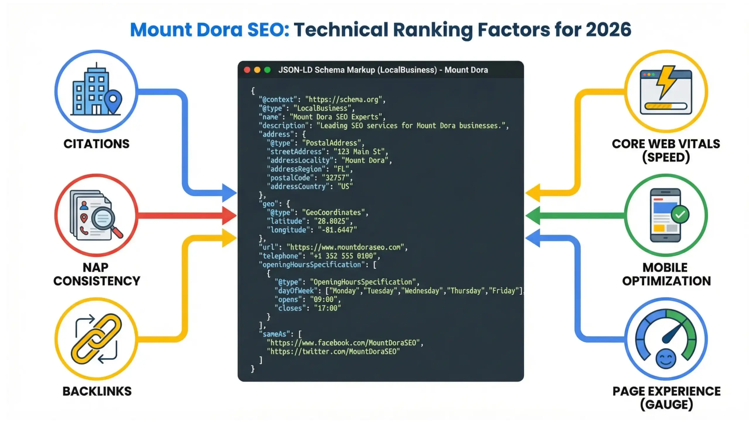 Mount Dora SEO technical ranking factors infographic including schema markup, citations, and mobile optimization
