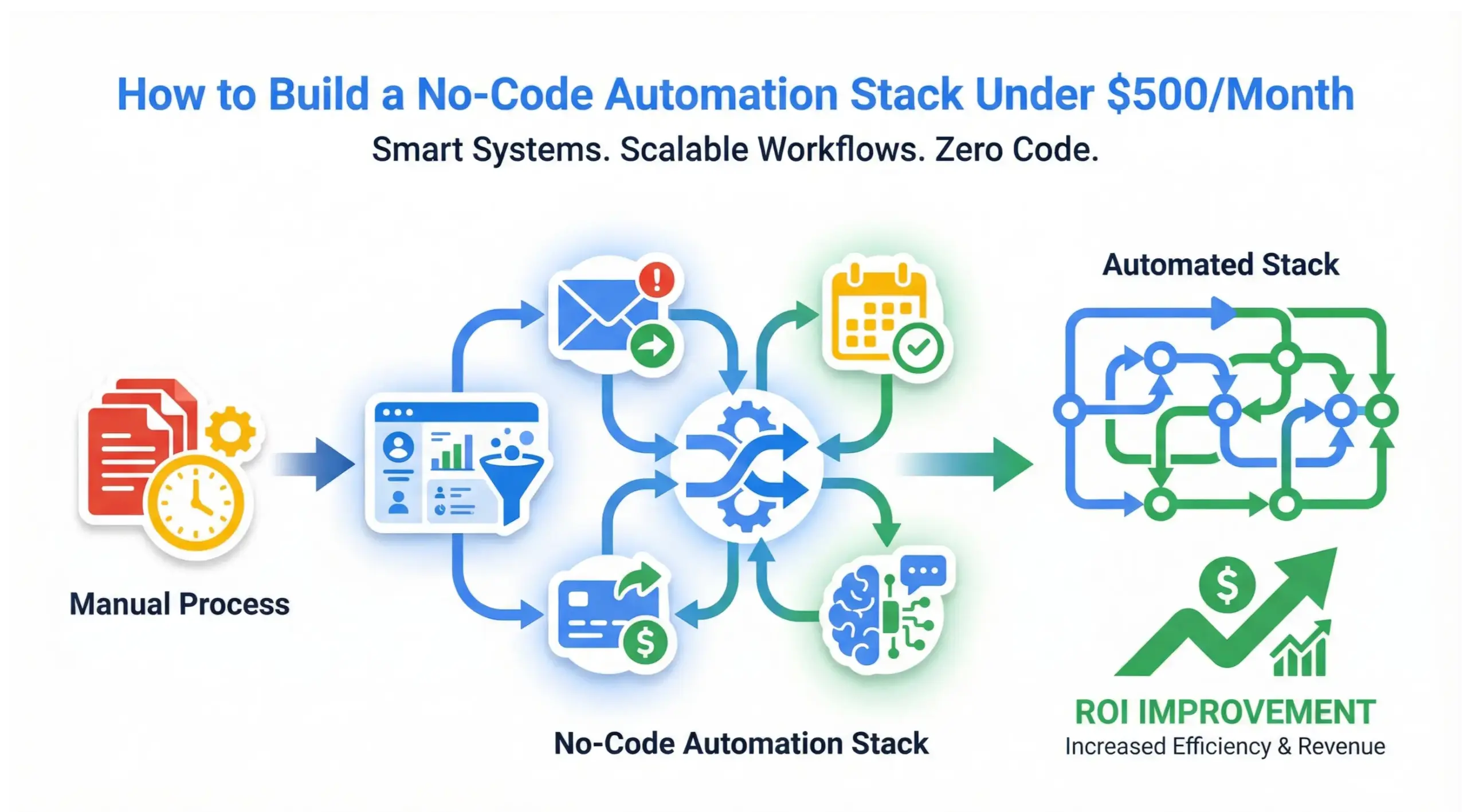 Infographic showing no-code automation stack under 500 dollars per month including workflow tools, CRM integrations, and revenue automation systems