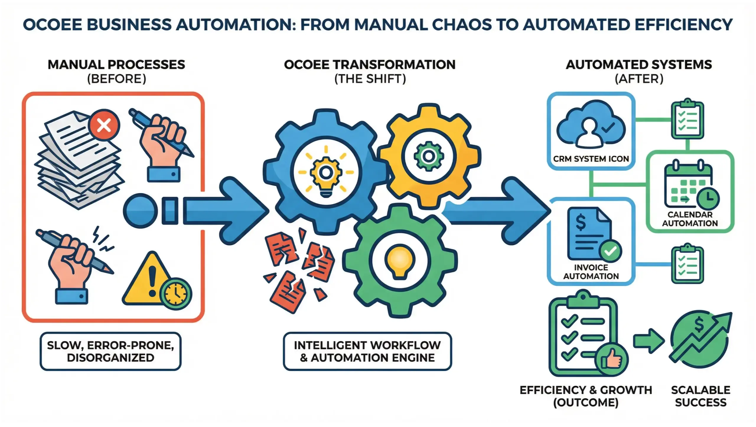 Ocoee business automation infographic showing automated workflows replacing manual business tasks
