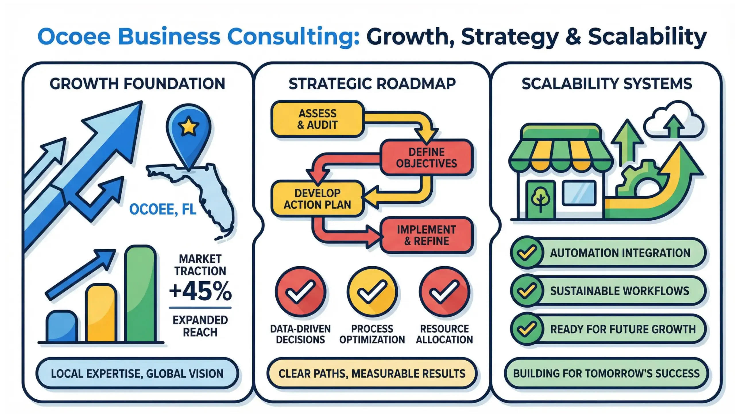 Ocoee business consulting infographic showing local business growth strategy and scalability framework