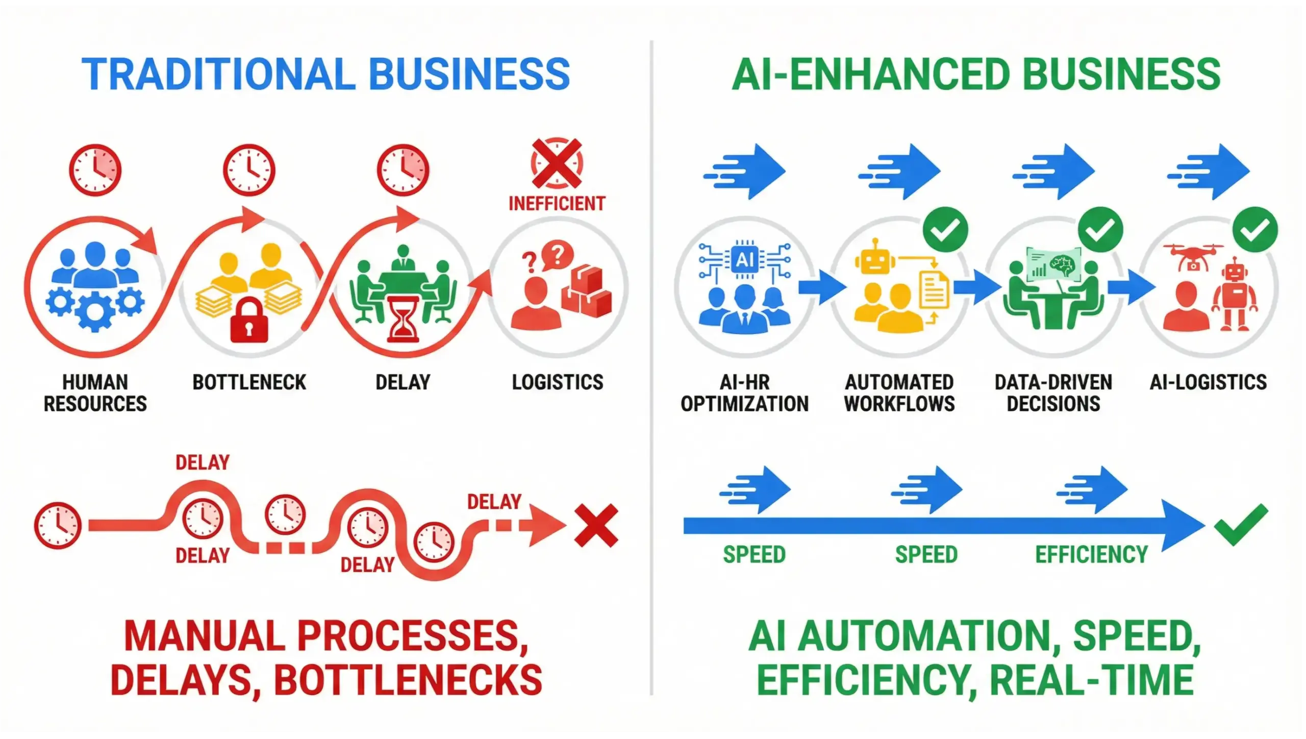 Orlando AI solutions comparison infographic showing AI employees versus traditional business operations