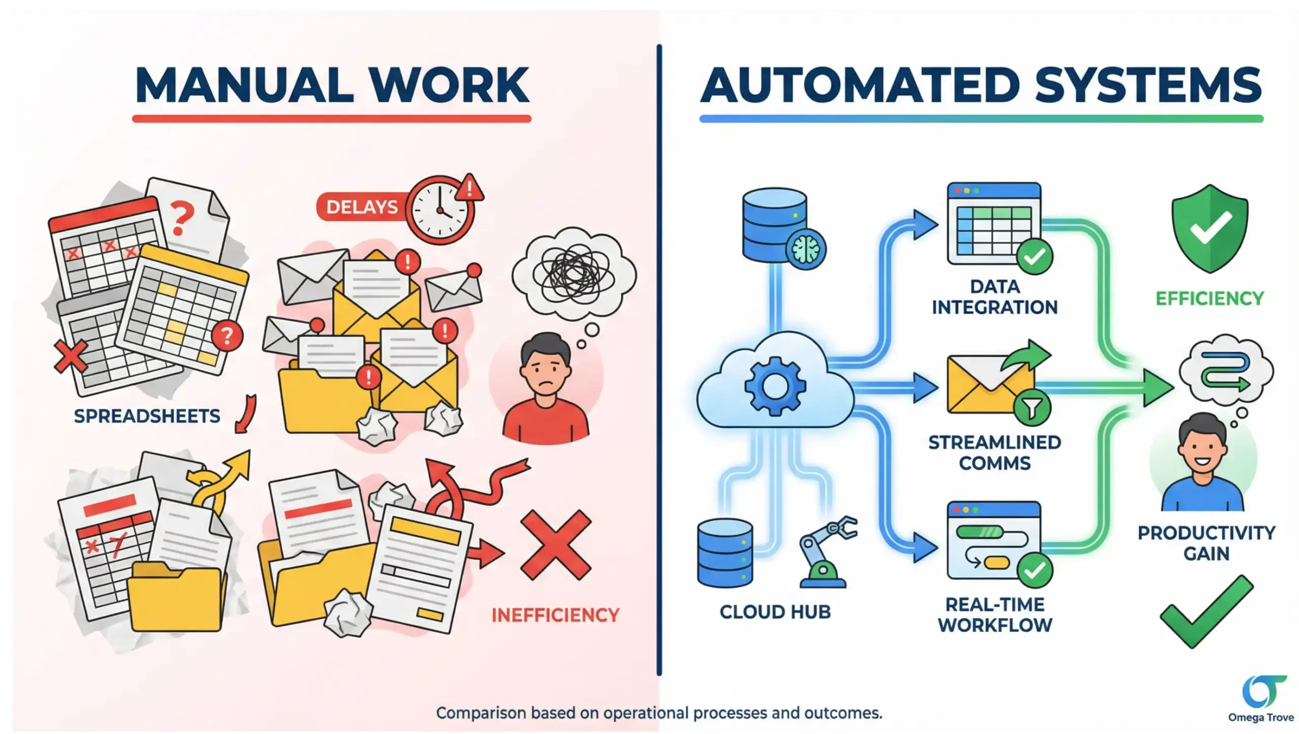 Orlando business automation comparison infographic showing manual processes versus automated systems