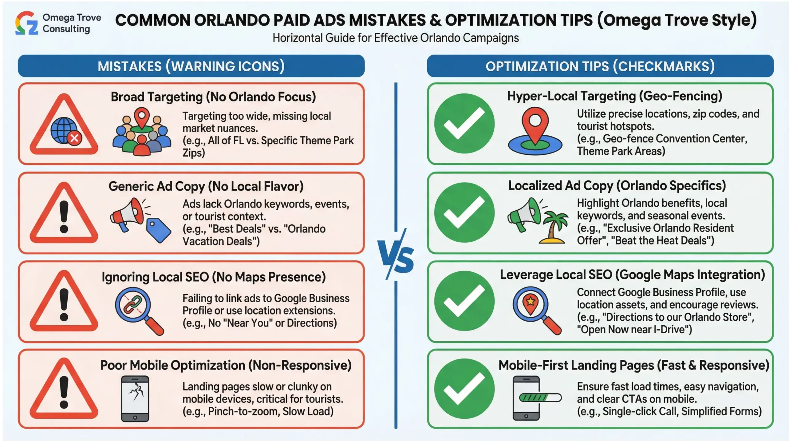 Orlando paid ads infographic showing common mistakes and optimization best practices