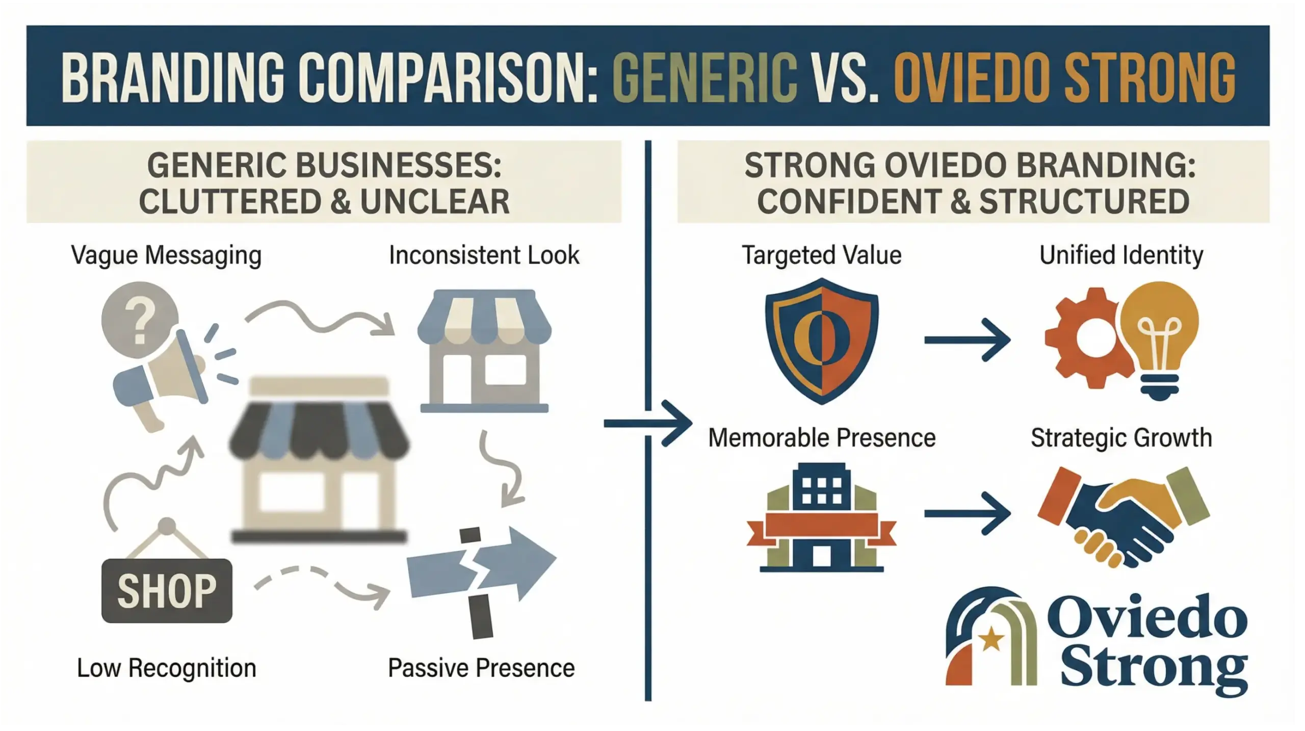 Oviedo branding infographic comparing businesses that blend in versus brands that stand out in a saturated local market