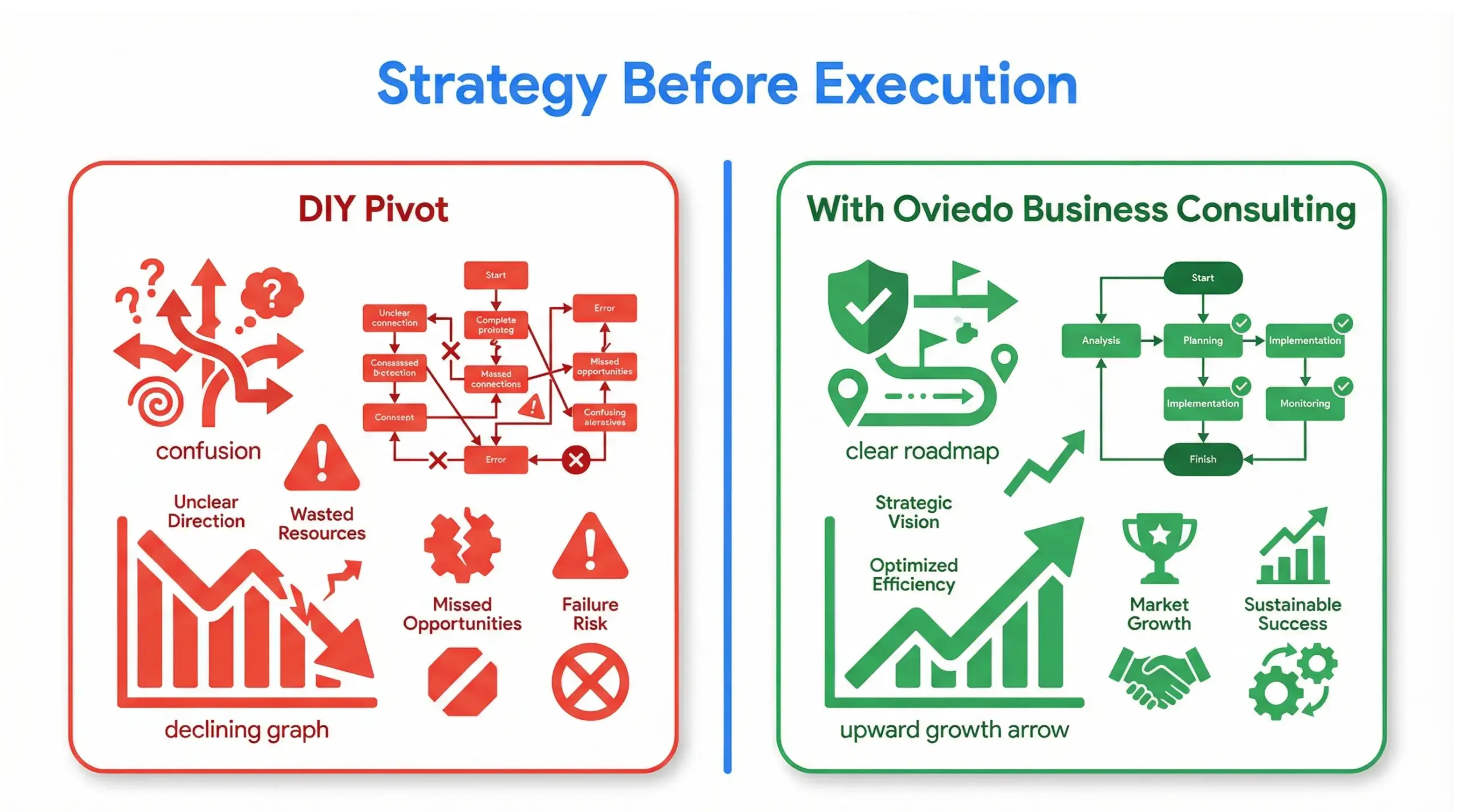  Oviedo business consulting comparison infographic showing consultant strategy versus do it yourself business pivot