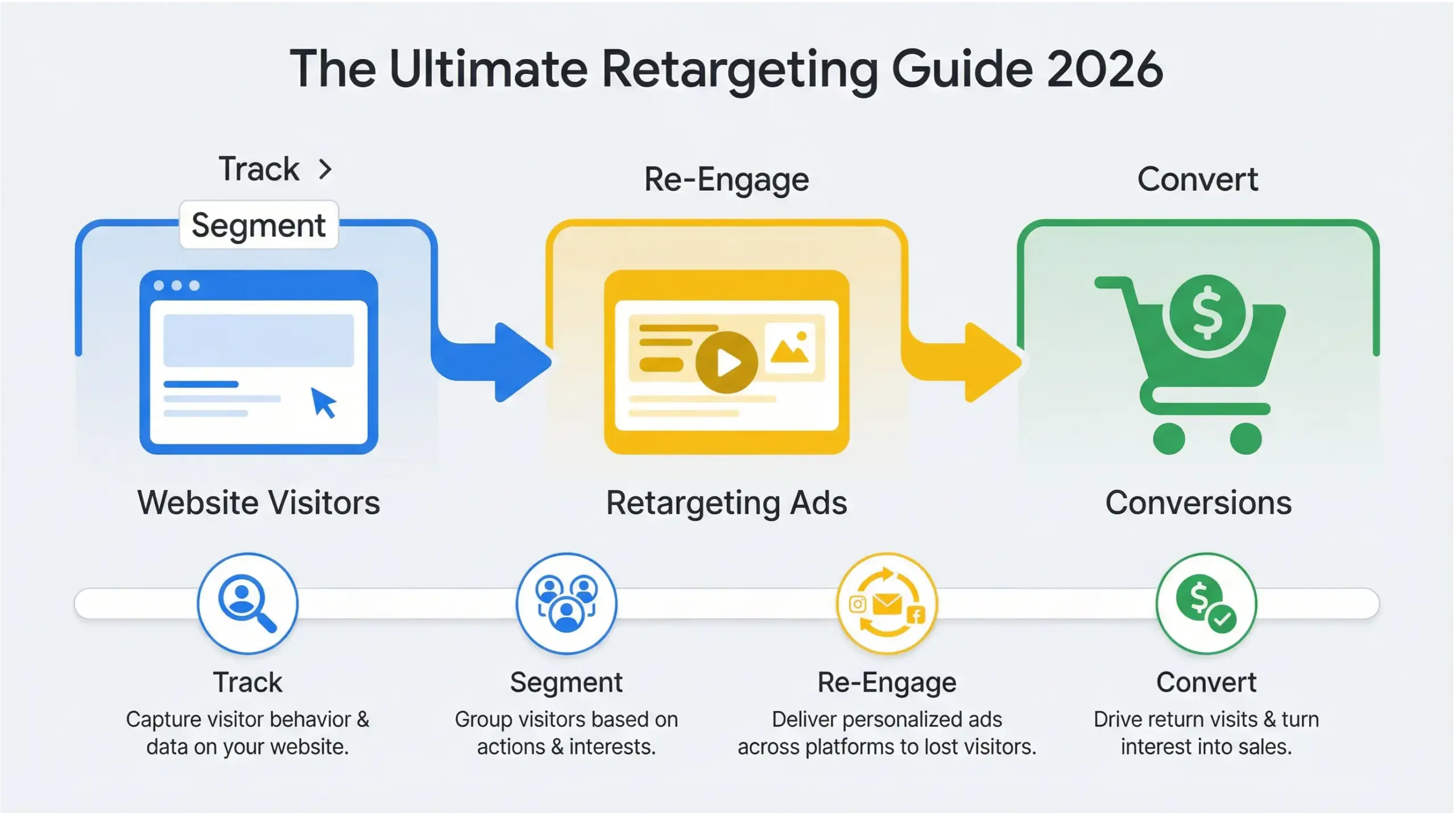 Retargeting guide infographic showing 2026 retargeting funnel strategy for paid media optimization