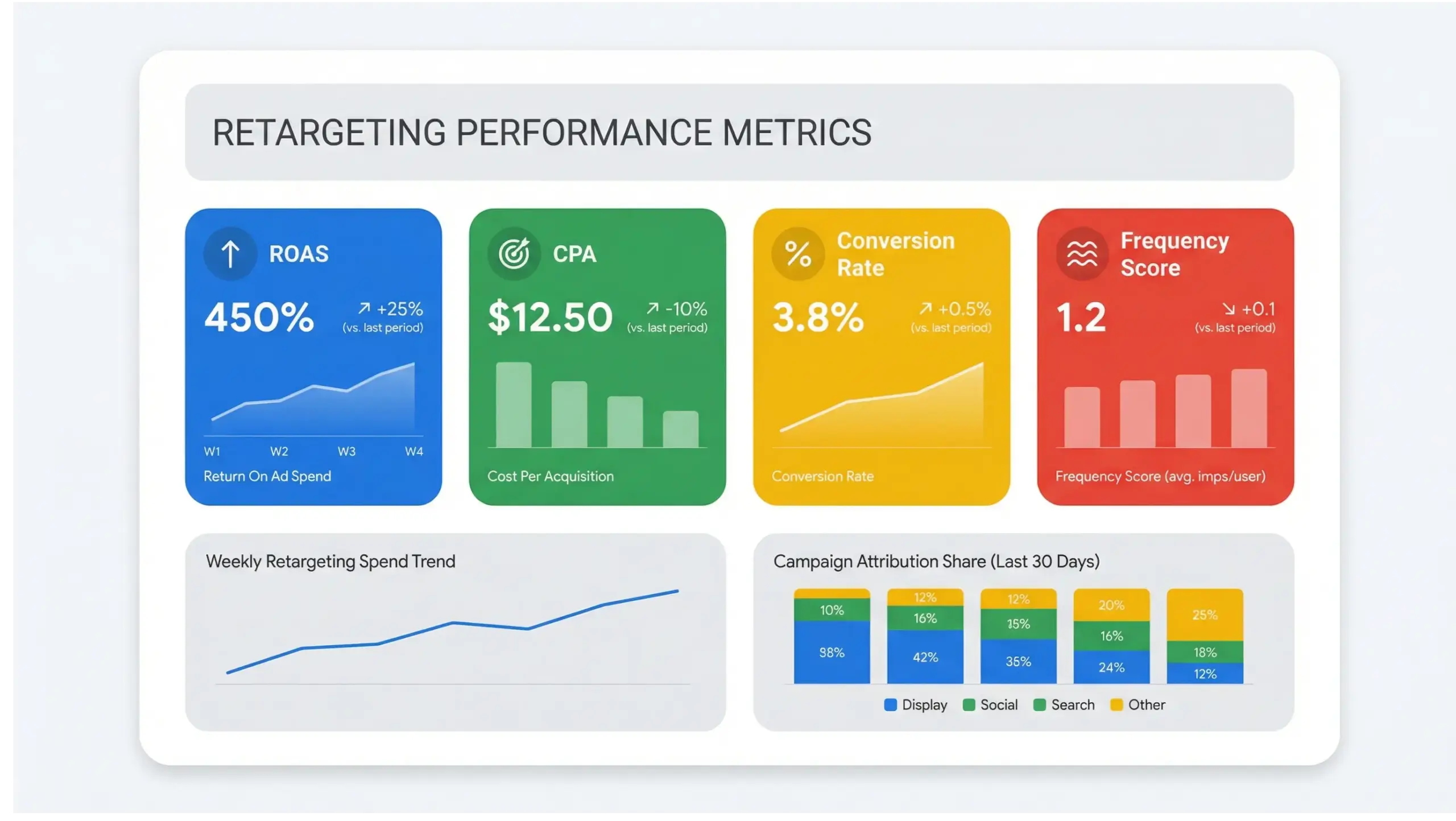 Retargeting guide ROI metrics infographic dashboard showing ROAS CPA and conversion rate tracking