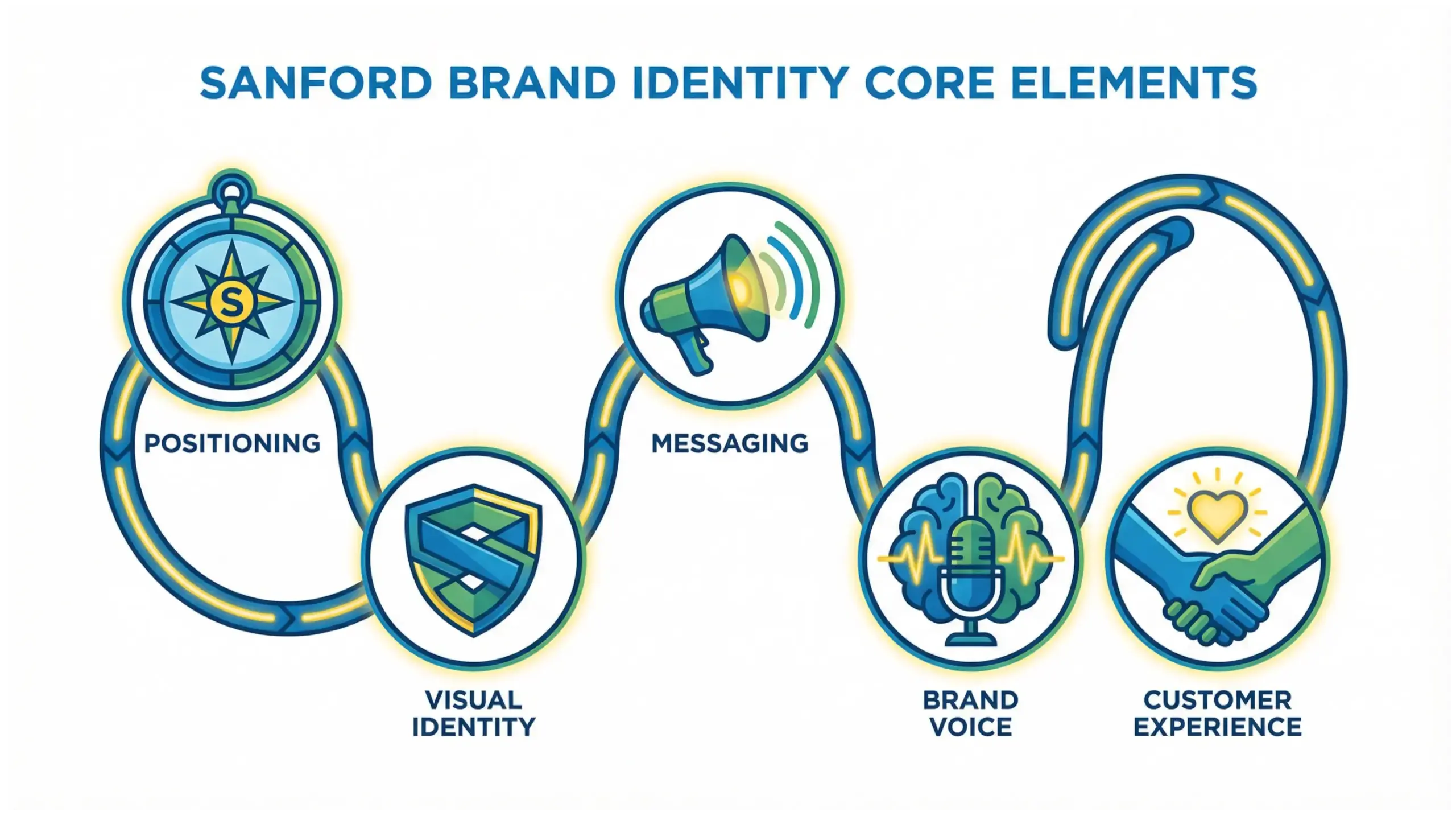 Sanford branding infographic illustrating the core elements of a strong local brand identity system