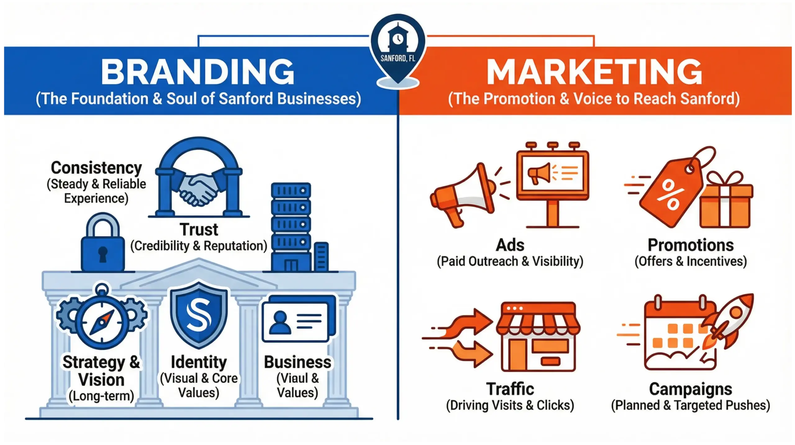 Sanford branding vs marketing infographic explaining the difference for local businesses