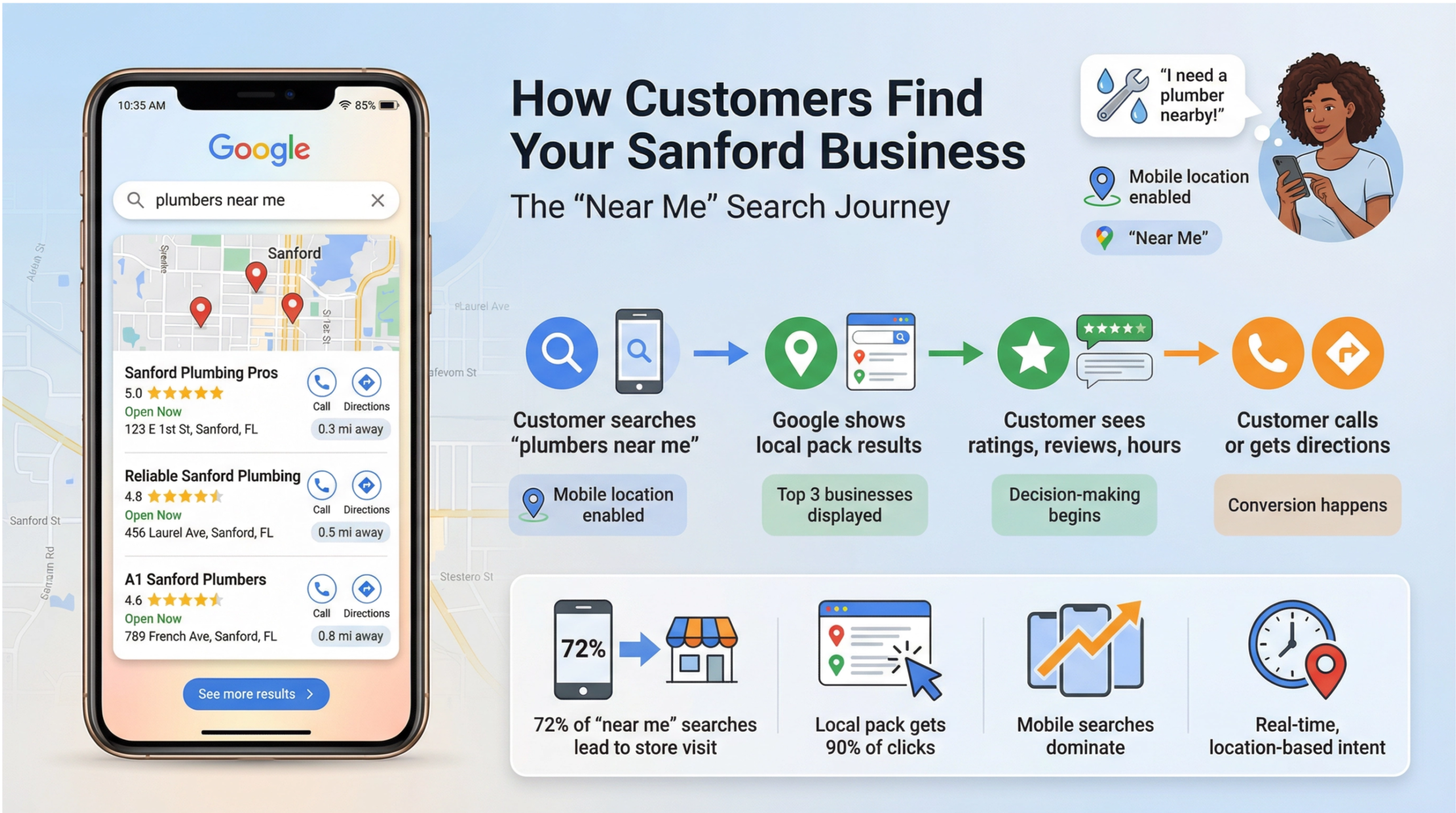 Customer searching for local businesses in Sanford using Google Maps