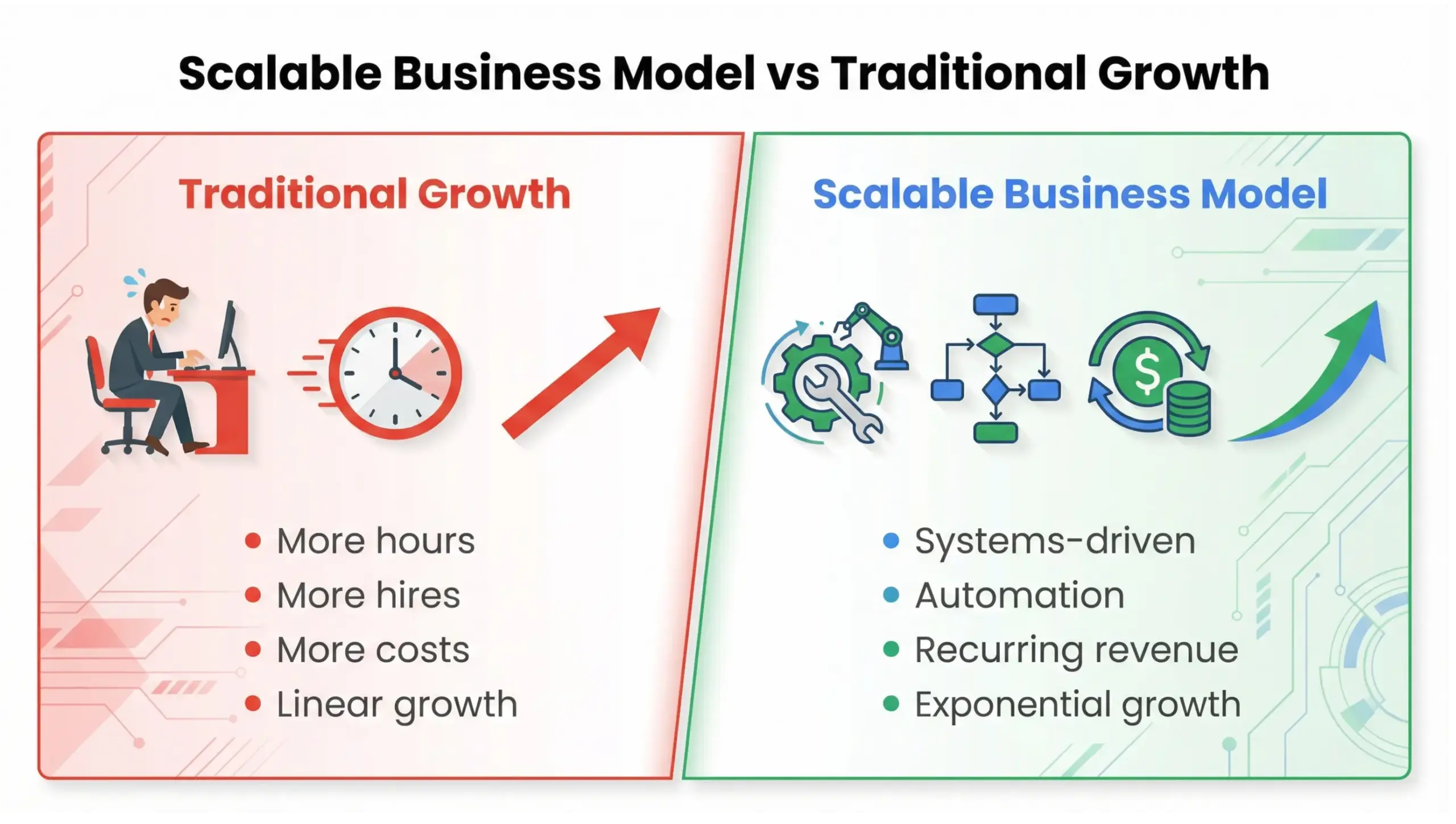 Comparison infographic showing scalable business model vs traditional business growth structure