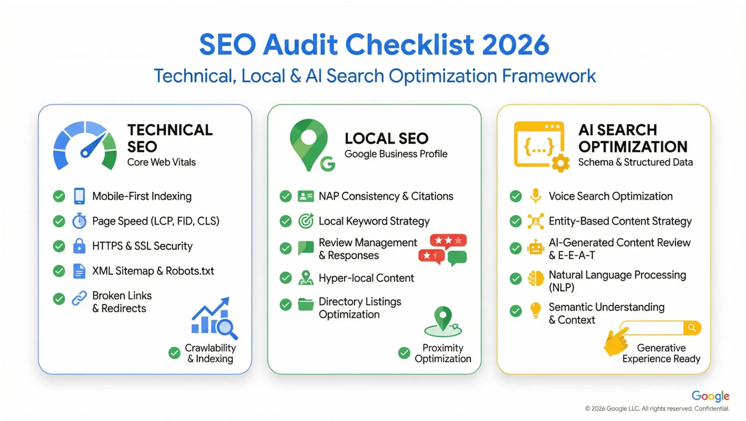 SEO audit checklist infographic for local businesses in 2026 styled in Google brand colors