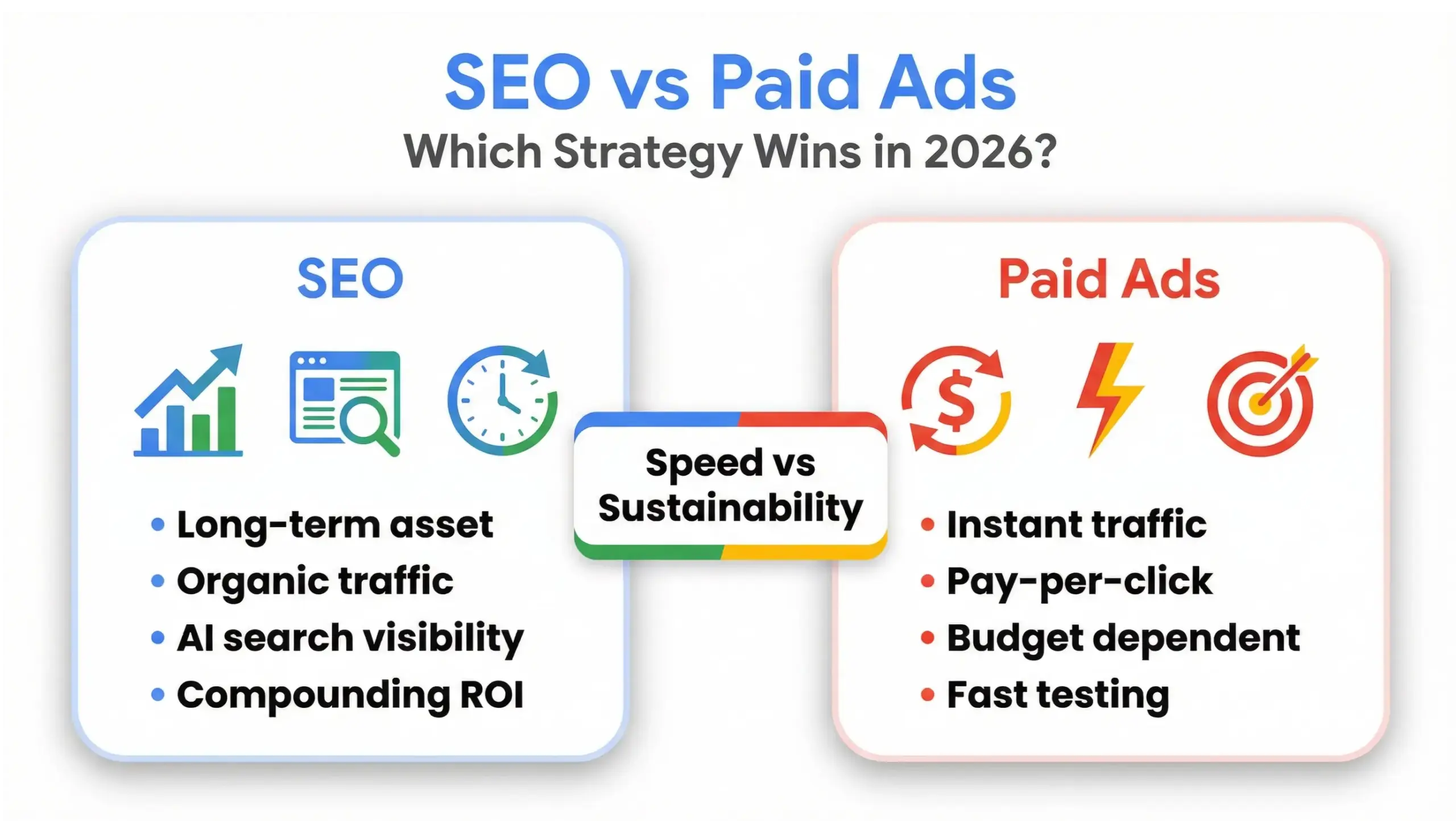 SEO vs paid ads infographic comparing ROI, speed, cost, and long-term growth strategy for Florida businesses