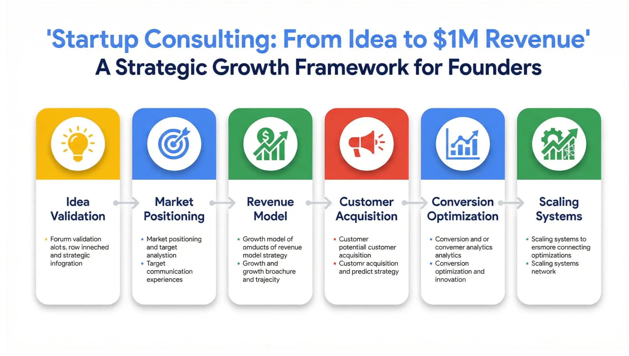 Startup consulting infographic showing idea to $1M revenue growth framework with validation, positioning, revenue systems, and scaling strategy