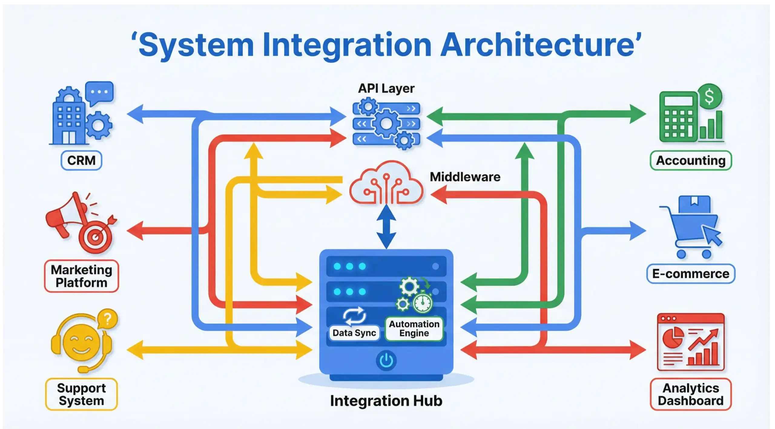 System integration architecture diagram showing API connections, middleware, CRM and automation systems