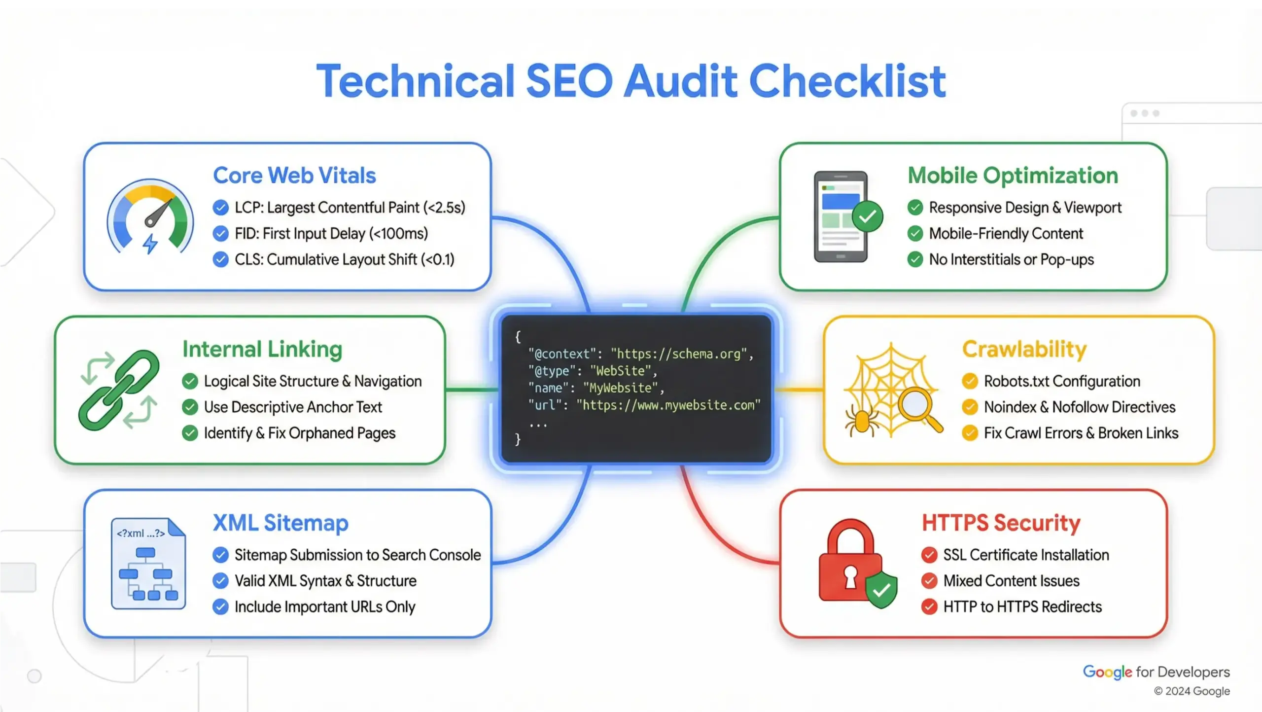 Technical SEO audit checklist infographic for website optimization in 2026