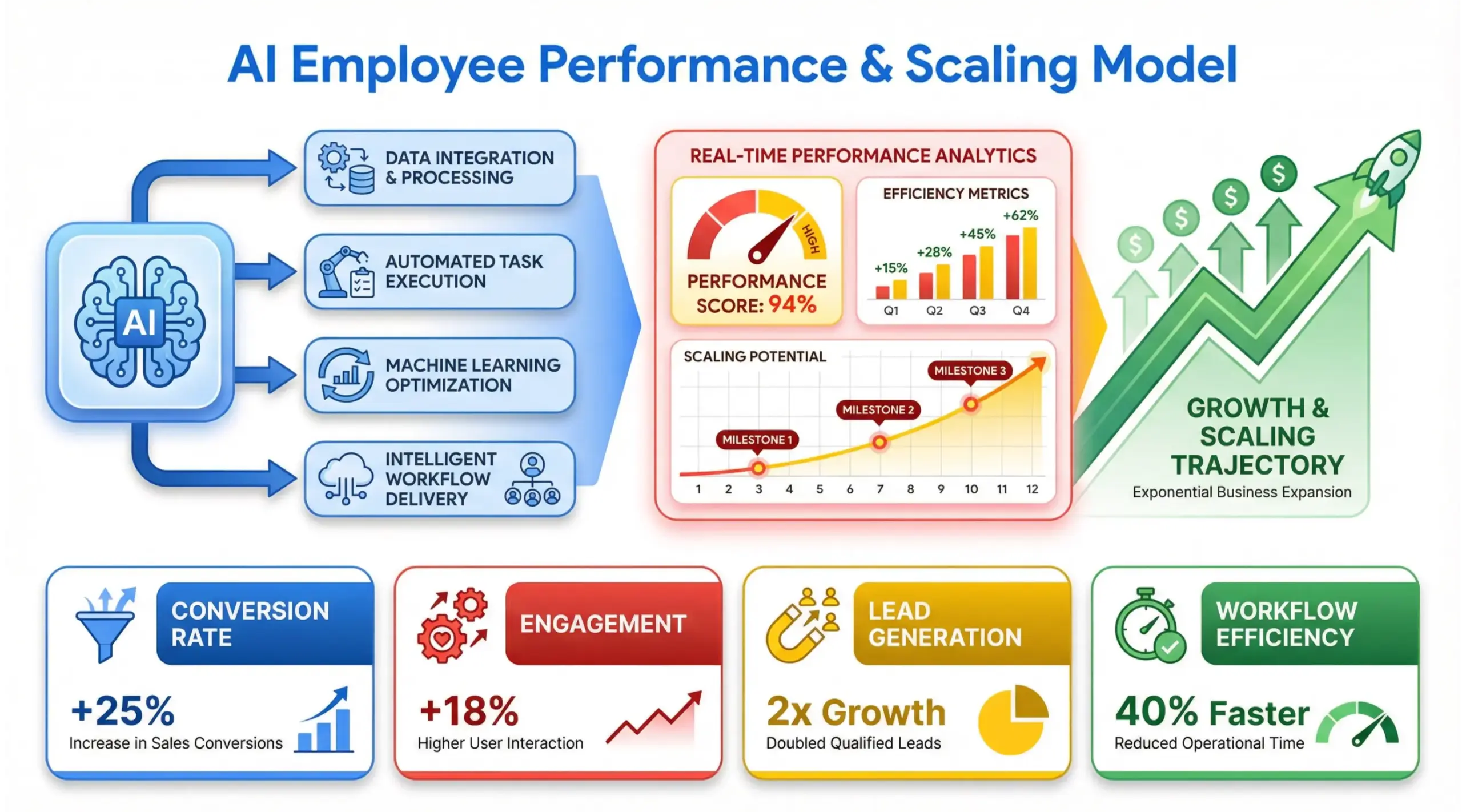 Performance infographic demonstrating how to train AI employees and scale results using measurable KPI tracking.