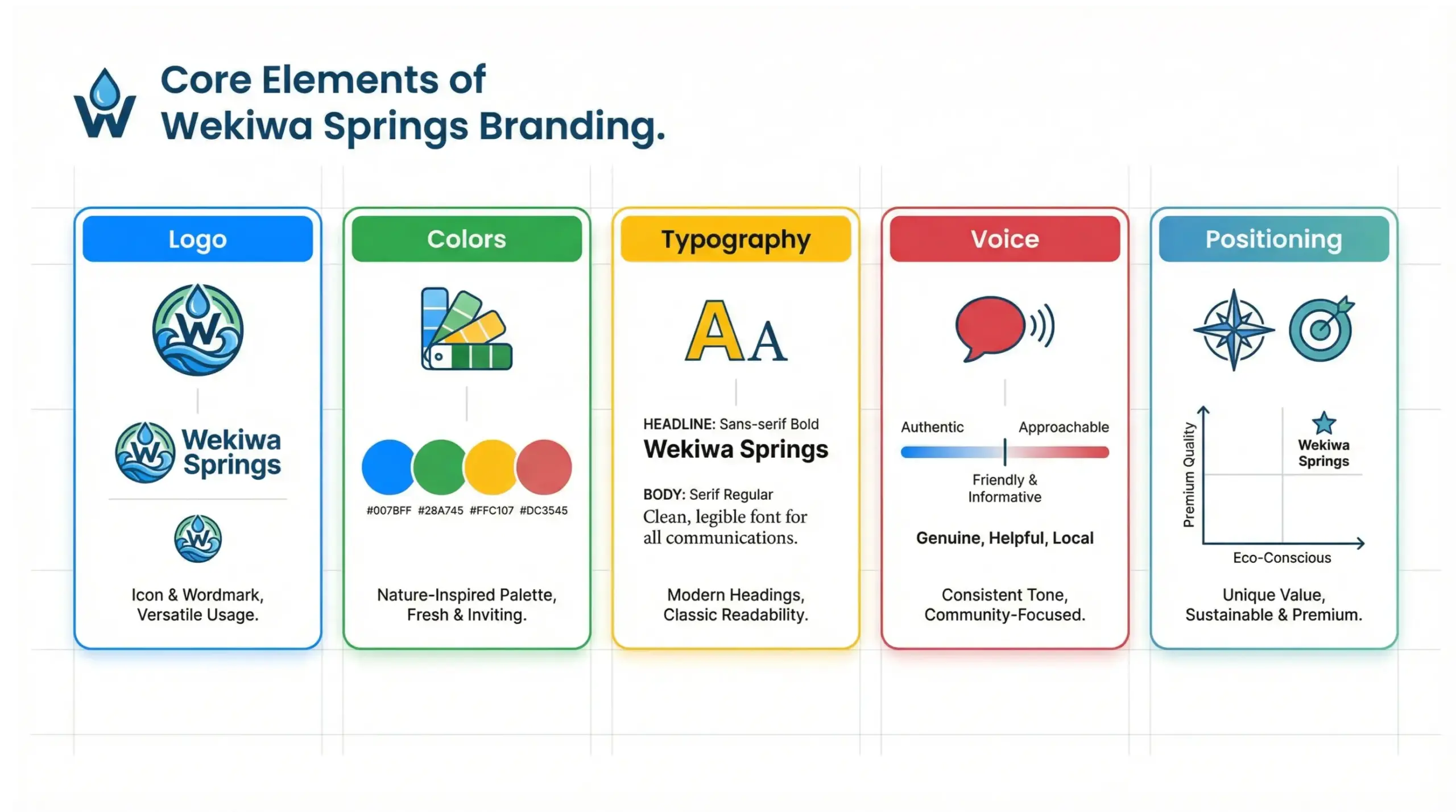 Wekiwa Springs branding infographic illustrating brand identity elements including logo system, color palette, typography, brand voice, and positioning