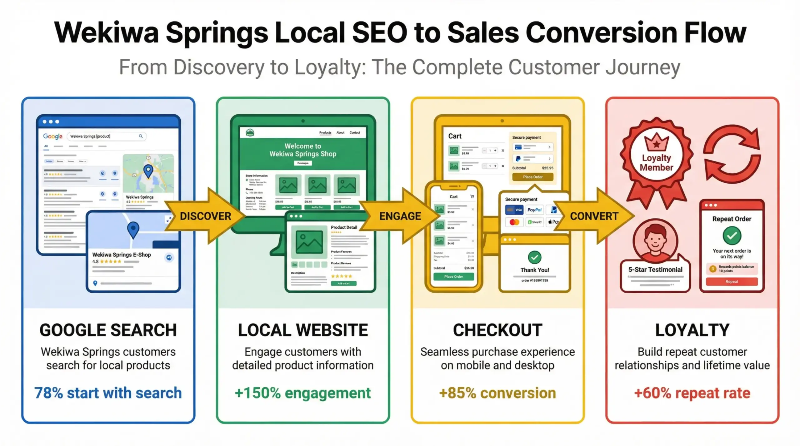 Wekiwa Springs e-commerce infographic showing local SEO and conversion flow