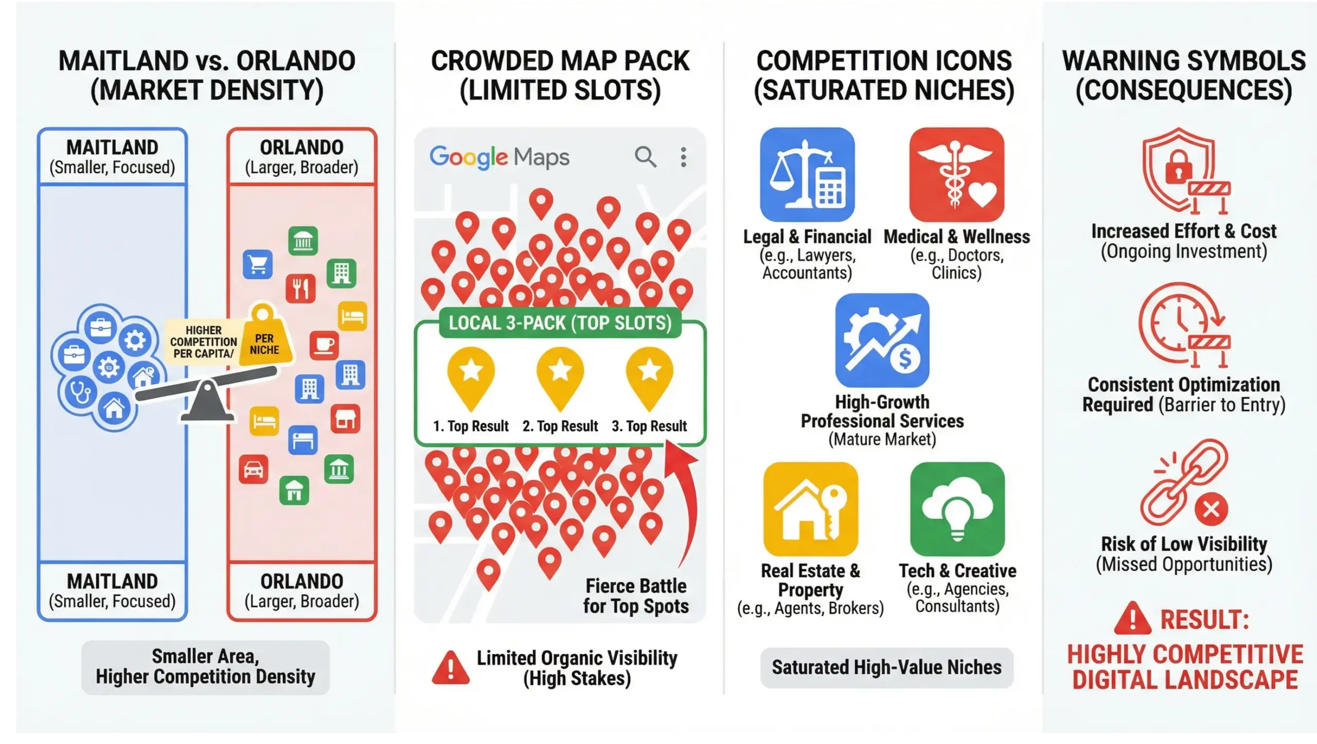 Maitland SEO infographic showing competition factors including map pack limits and Orlando overlap
