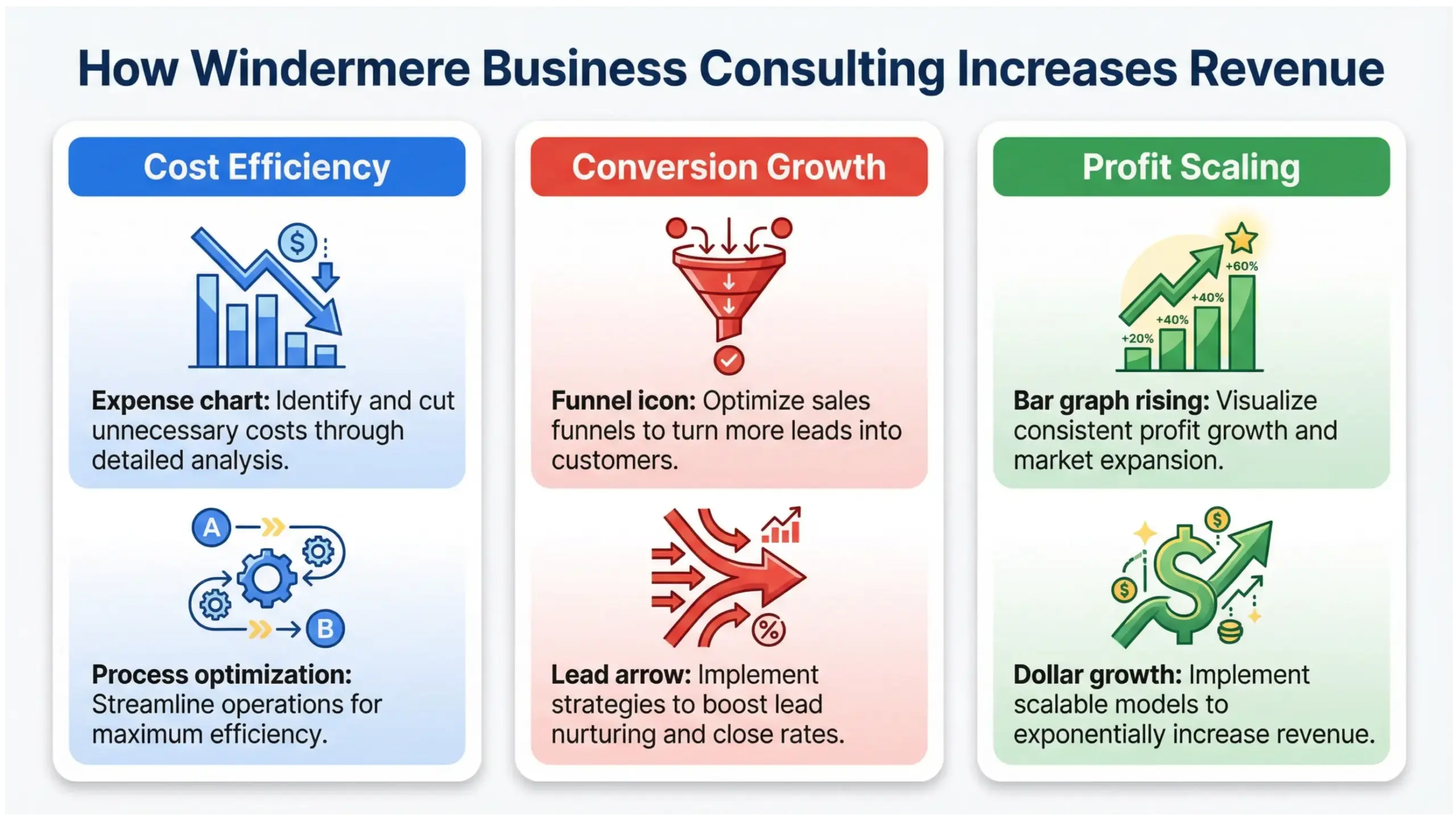 Windermere business consulting revenue optimization infographic showing cost reduction, conversion growth, and profitability strategy