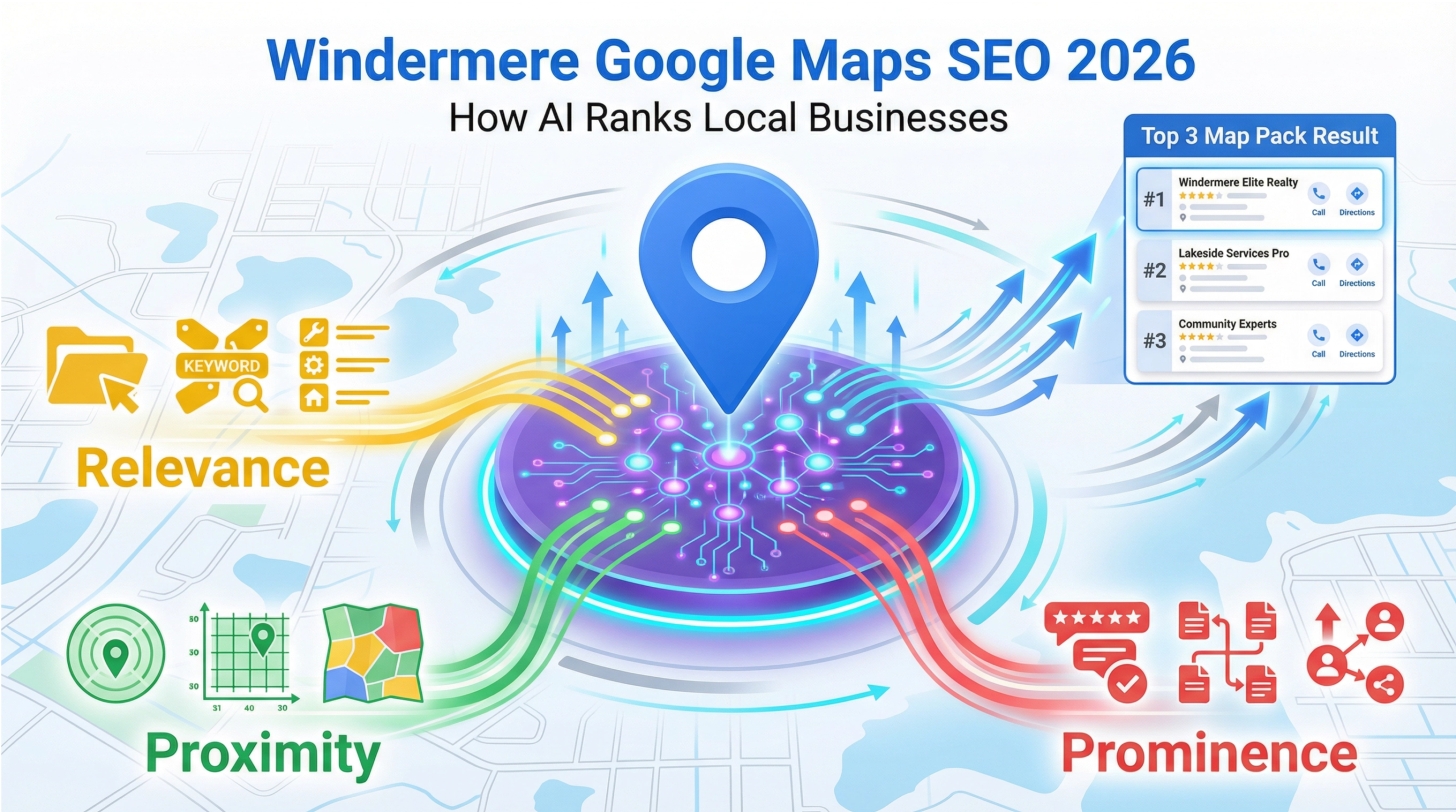 Windermere Google Maps SEO infographic showing how local businesses rank using proximity, relevance, and prominence in 2026