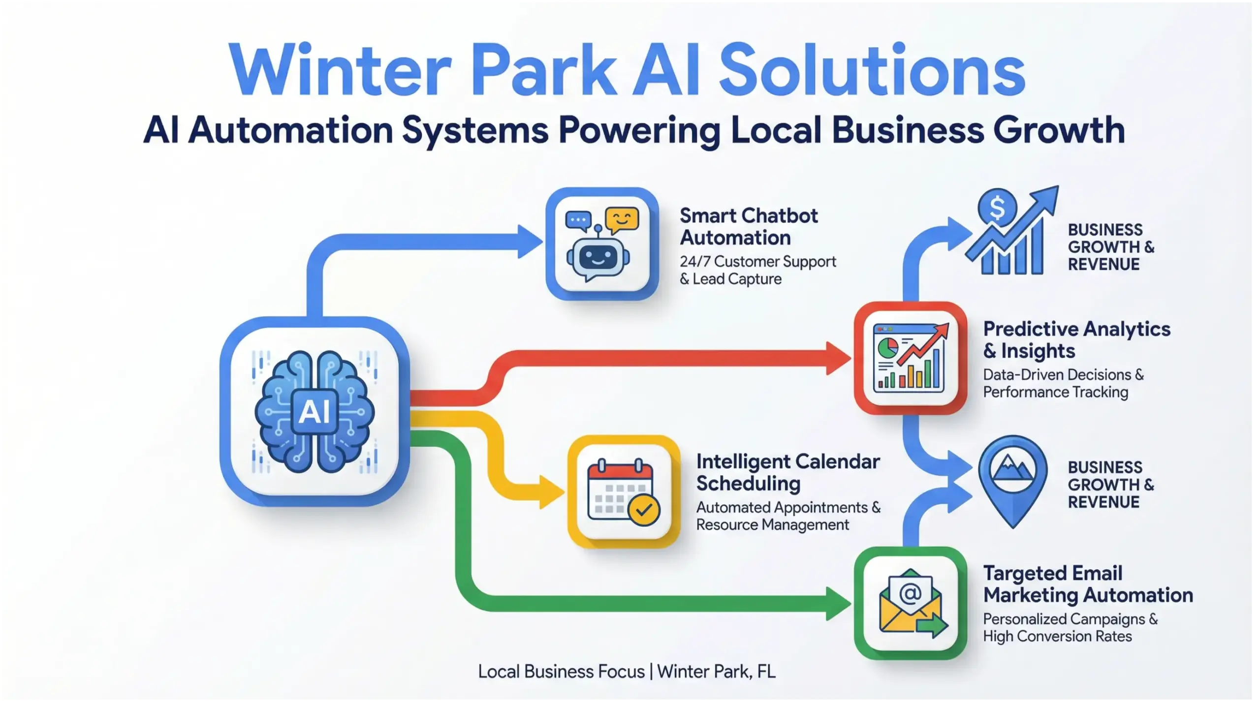Winter Park AI solutions infographic showing AI automation systems for local businesses in Google-style design