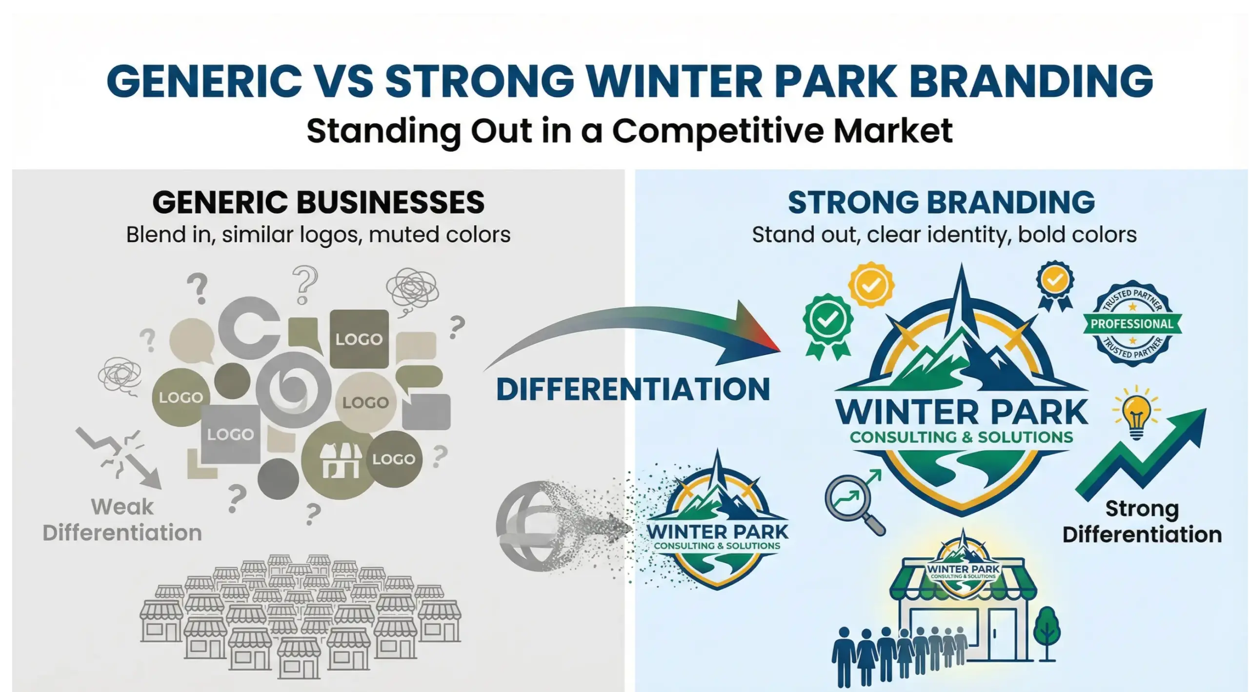 Winter Park branding infographic comparing businesses that blend in versus brands that stand out in a competitive local market