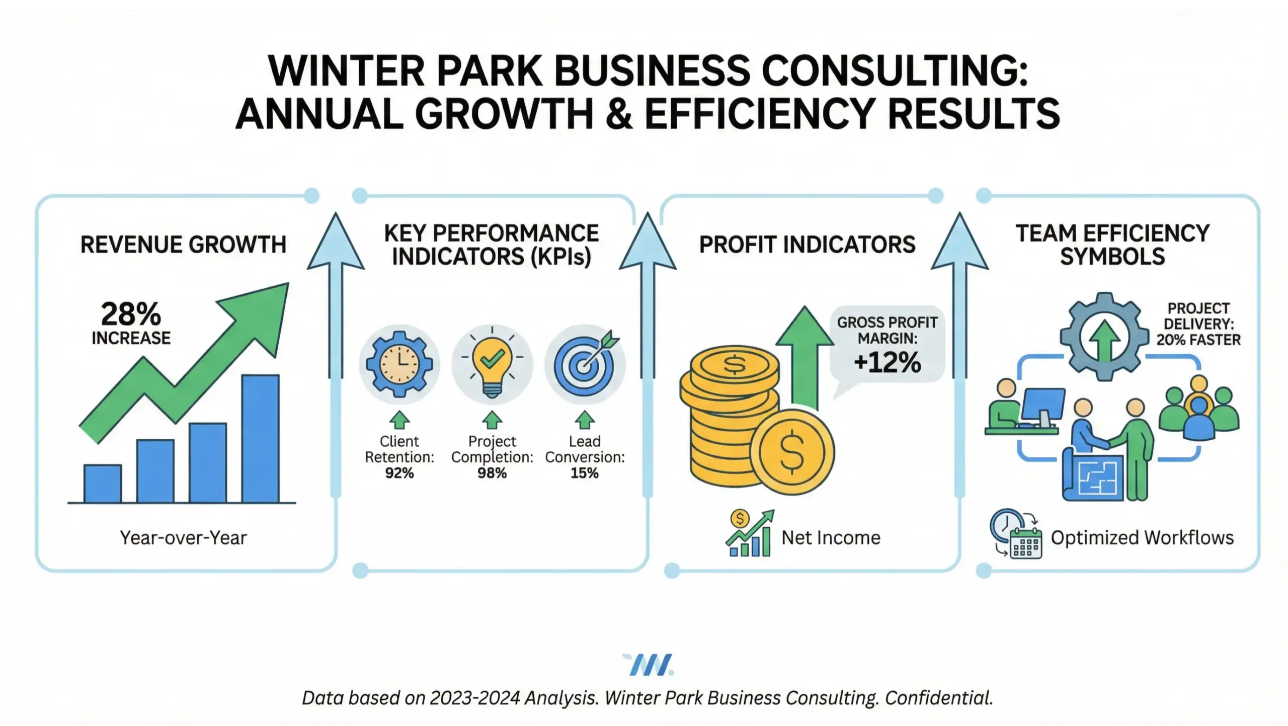 Winter Park business consulting infographic highlighting improved performance, profitability, and scalable growth metrics