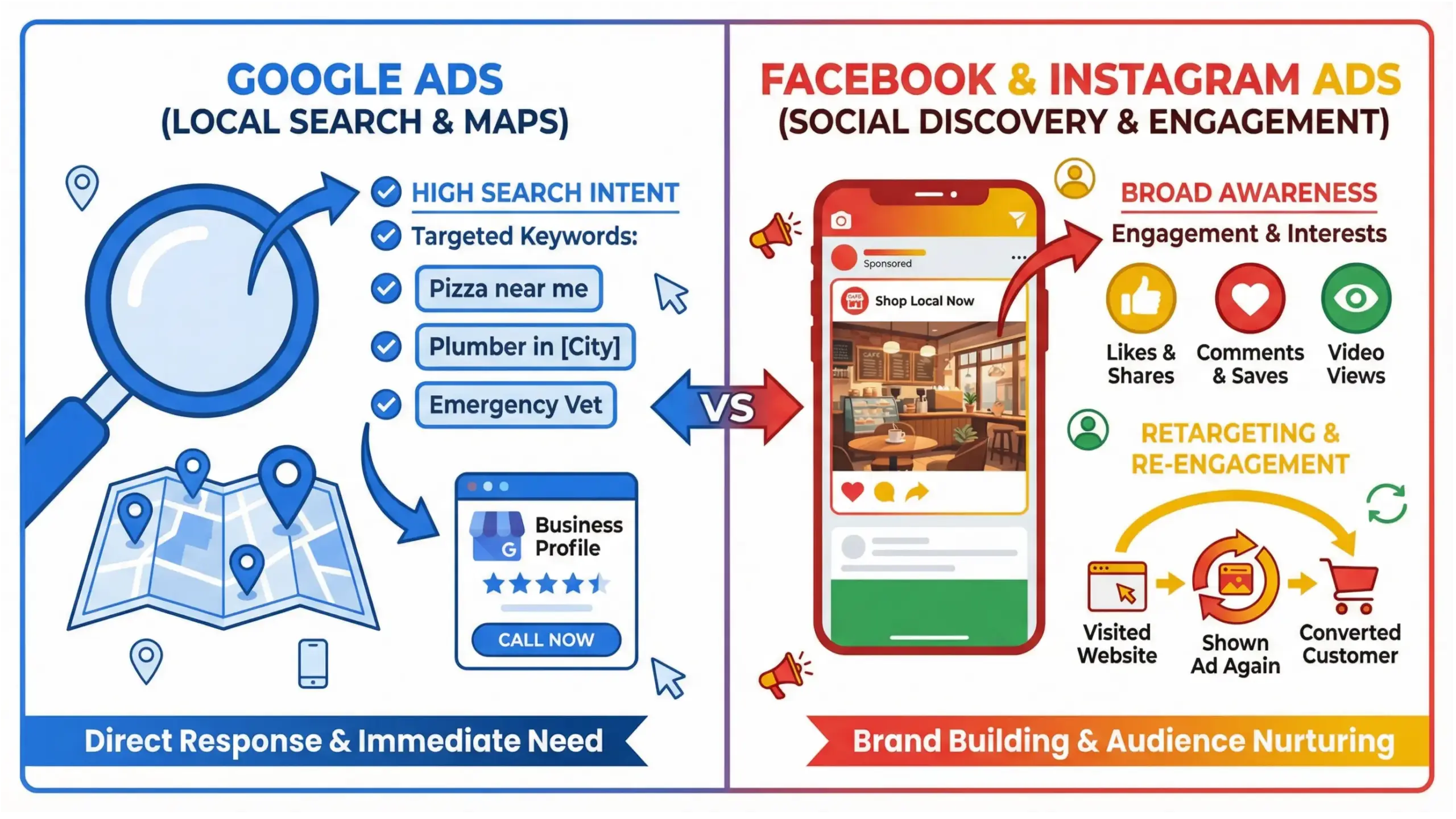 Winter Park paid ads comparison infographic showing Google Ads vs social media advertising