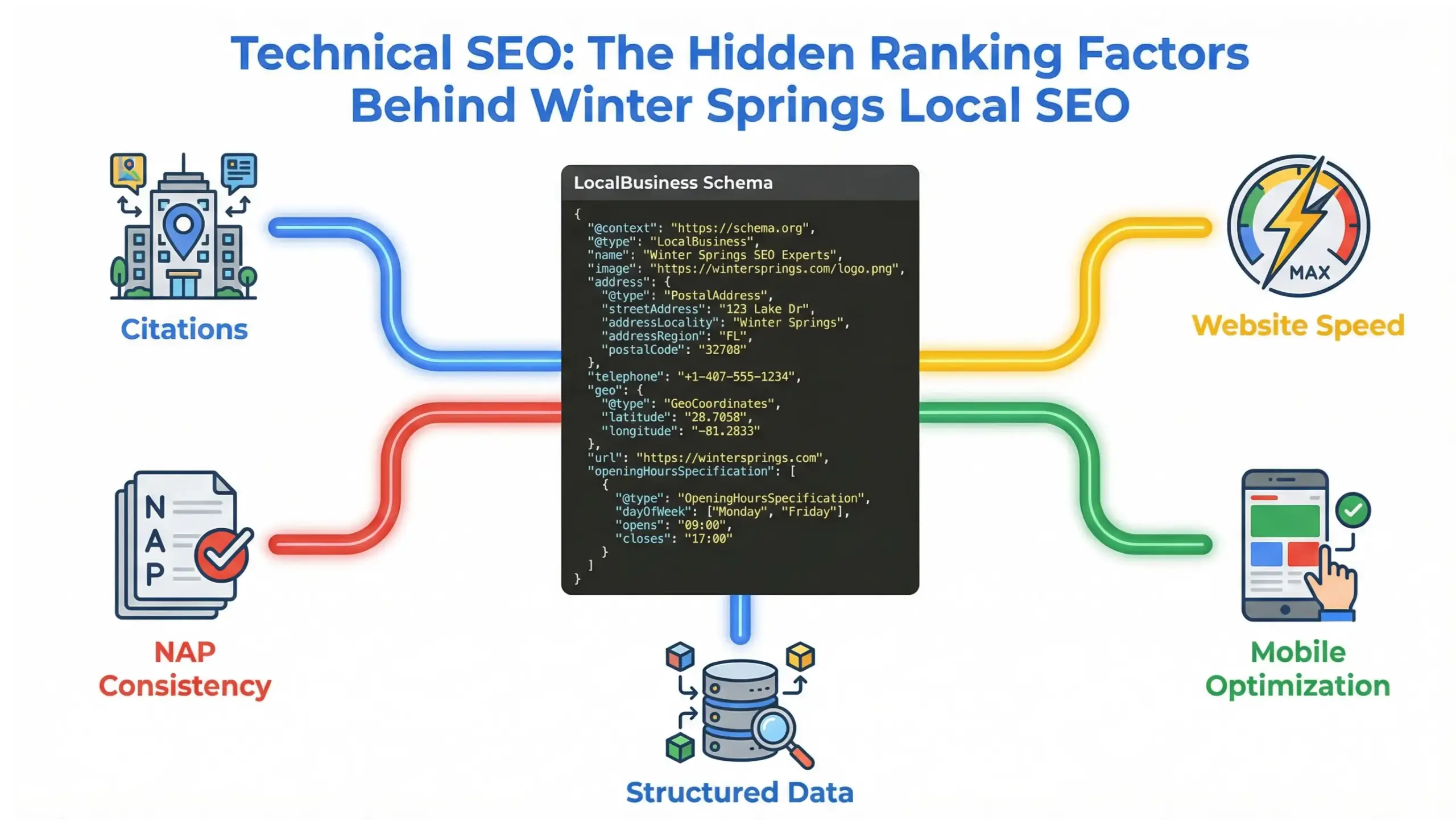 Winter Springs local SEO technical ranking factors infographic with schema and NAP consistency