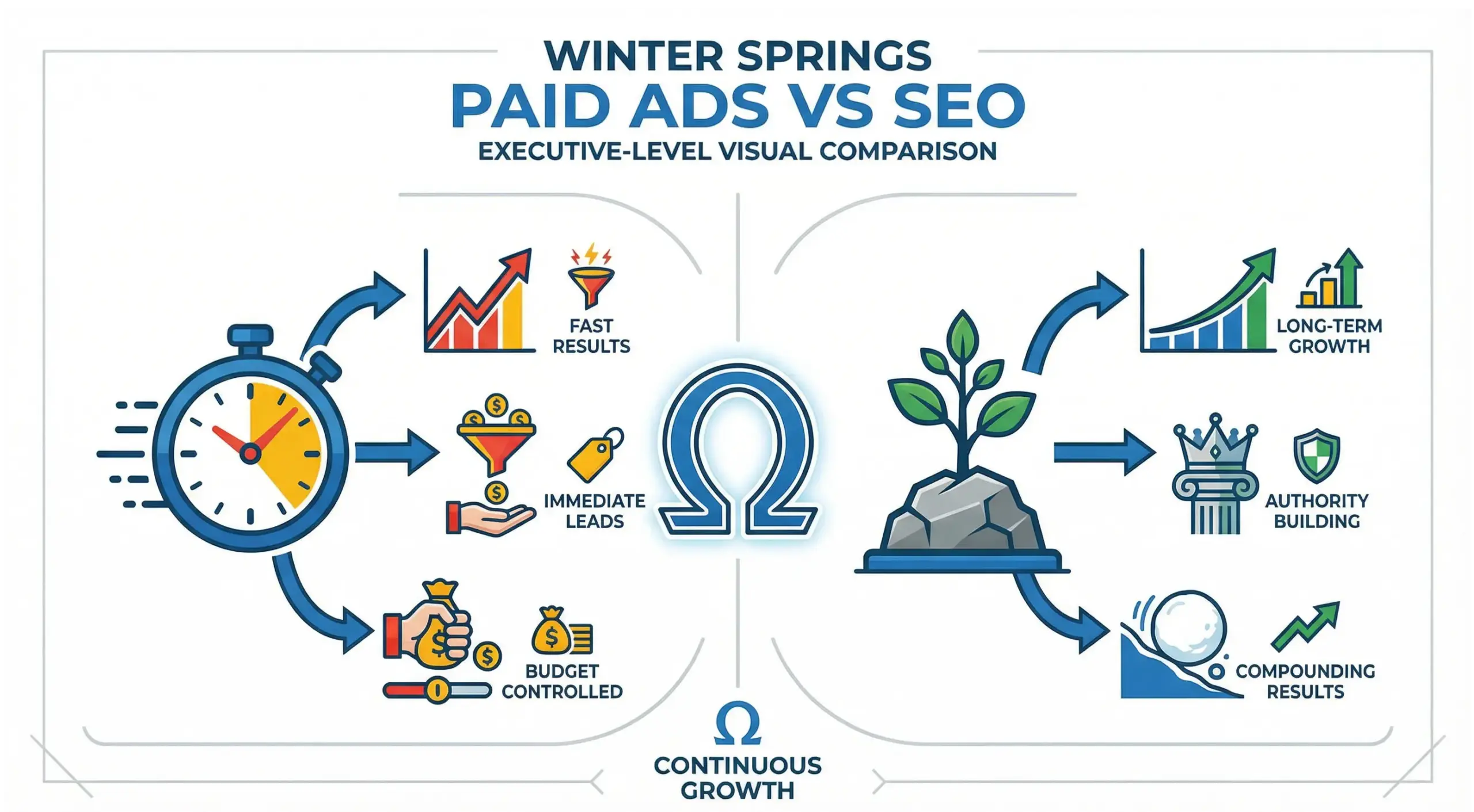 Winter Springs paid ads versus SEO infographic comparing speed ROI and long term growth