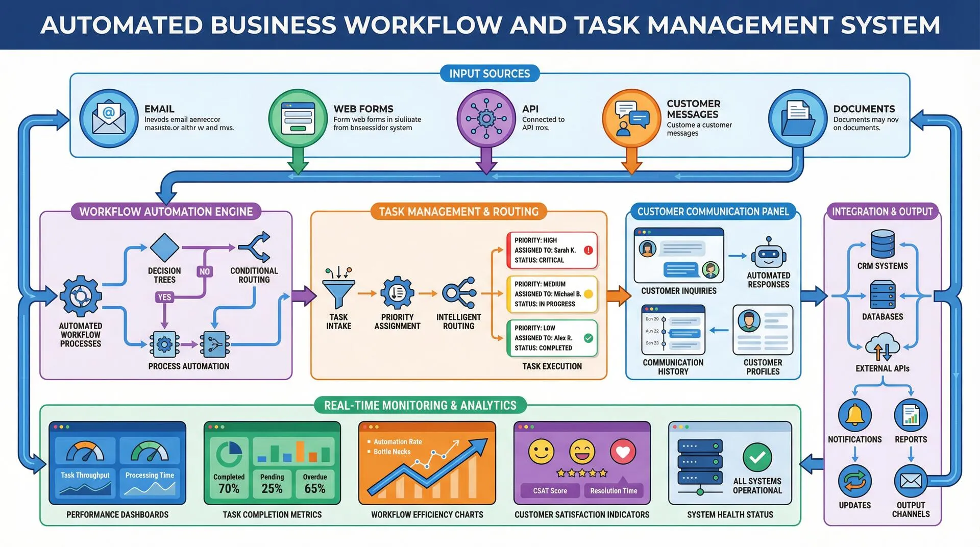 automated system handling business workflows, task routing, and customer communication