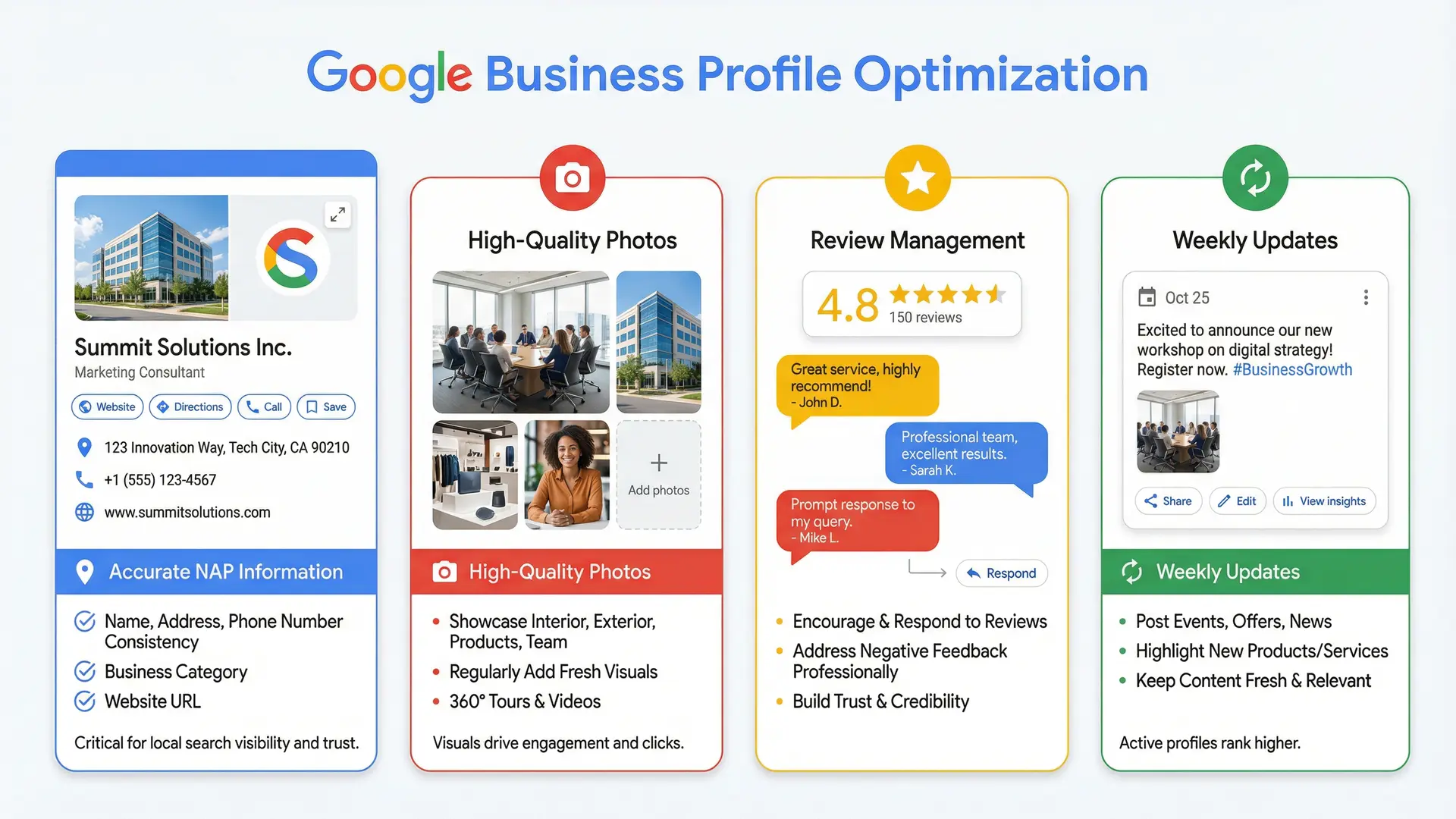 Infographic showing Google Business Profile optimization elements for Central Florida hospitality businesses using Google brand colors.