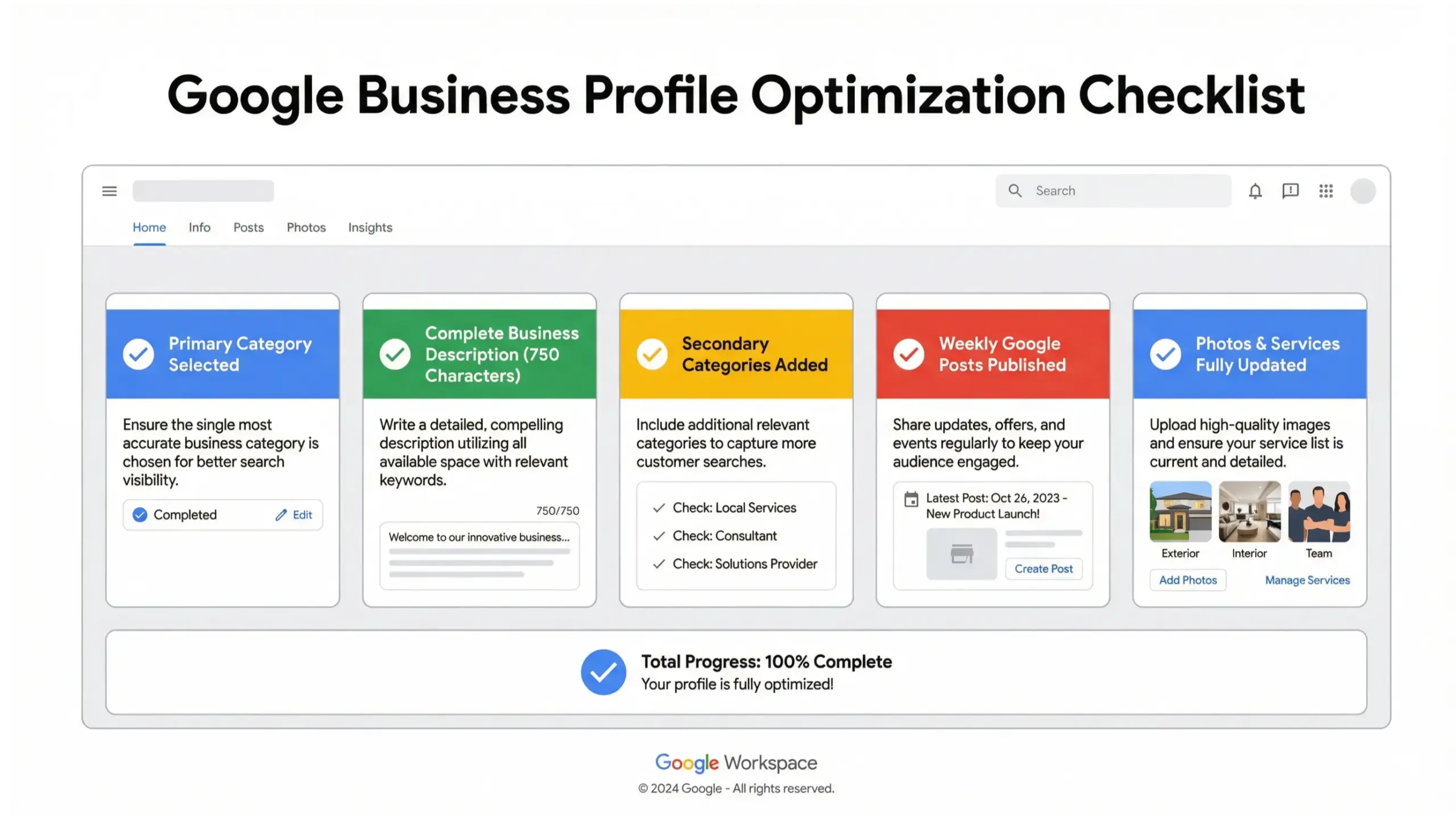Google-style infographic checklist showing steps to optimize a Google Business Profile for higher local rankings