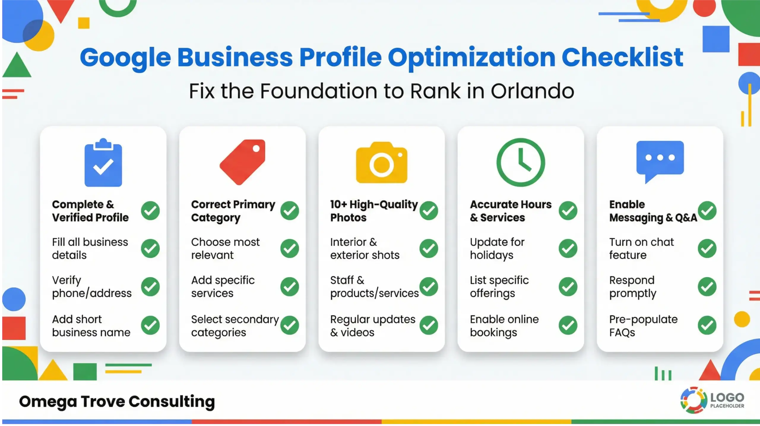  Infographic showing Google Business Profile optimization checklist with colorful icons and Google brand colors for Orlando local SEO.