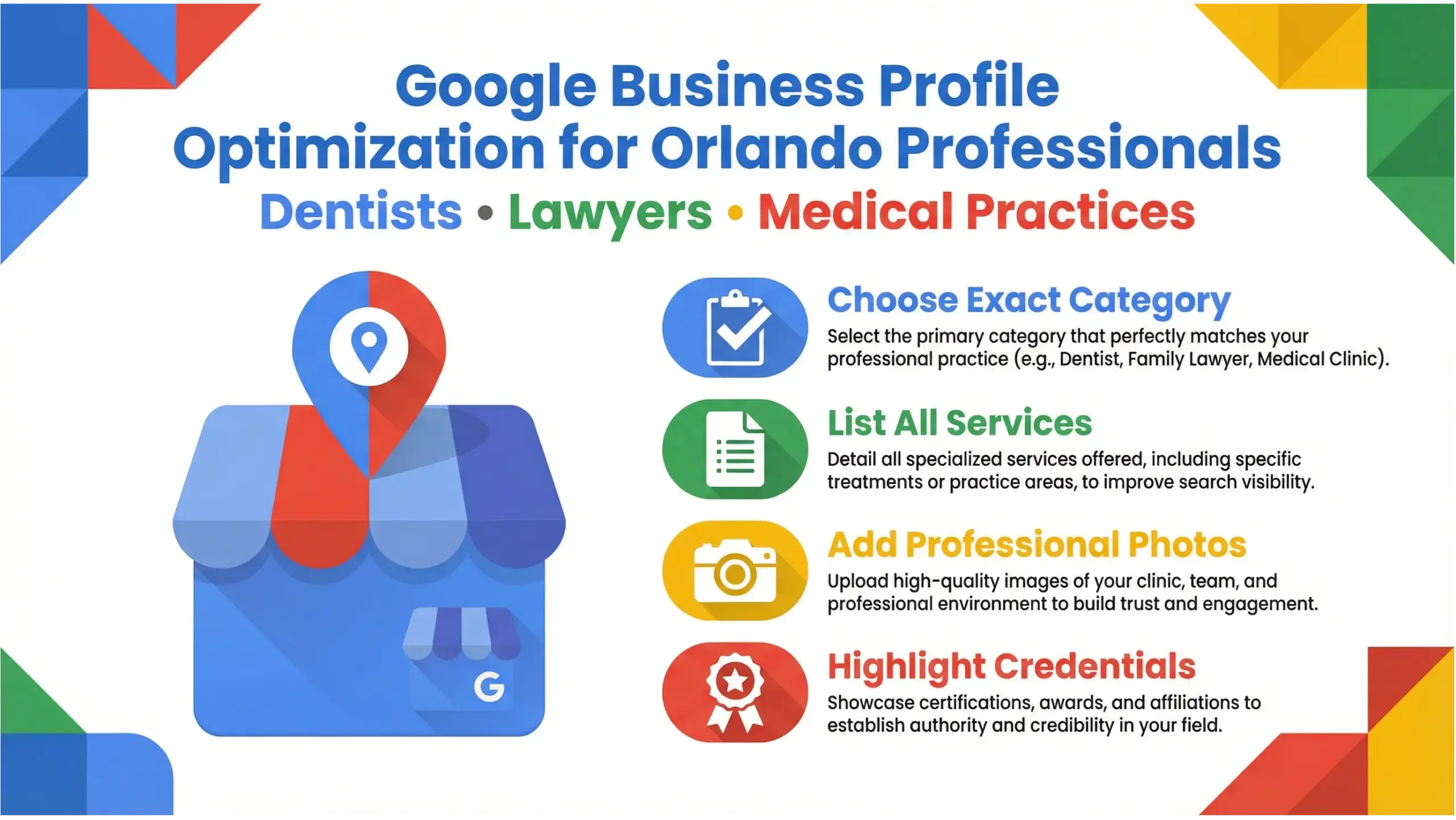 Infographic showing Google Business Profile optimization steps for Orlando dentists, lawyers, and medical practices in Google brand colors.